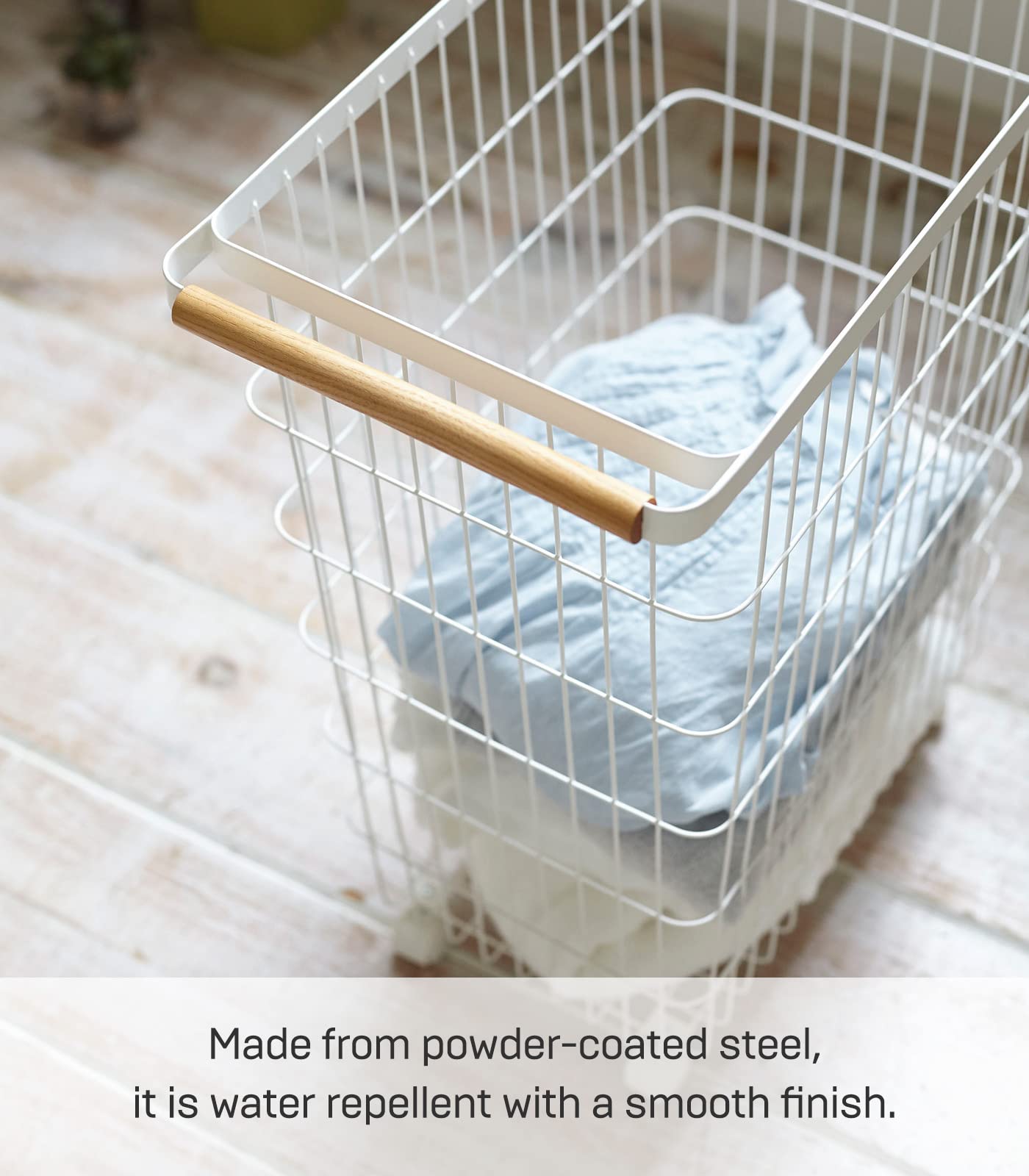 Yamazaki Home Slim Space-Saving Rolling Wire Laundry Hamper with Steel Frame & Wood Accents - White | Compact Clothes Basket for Bedroom, Closet, or Dorm Organization