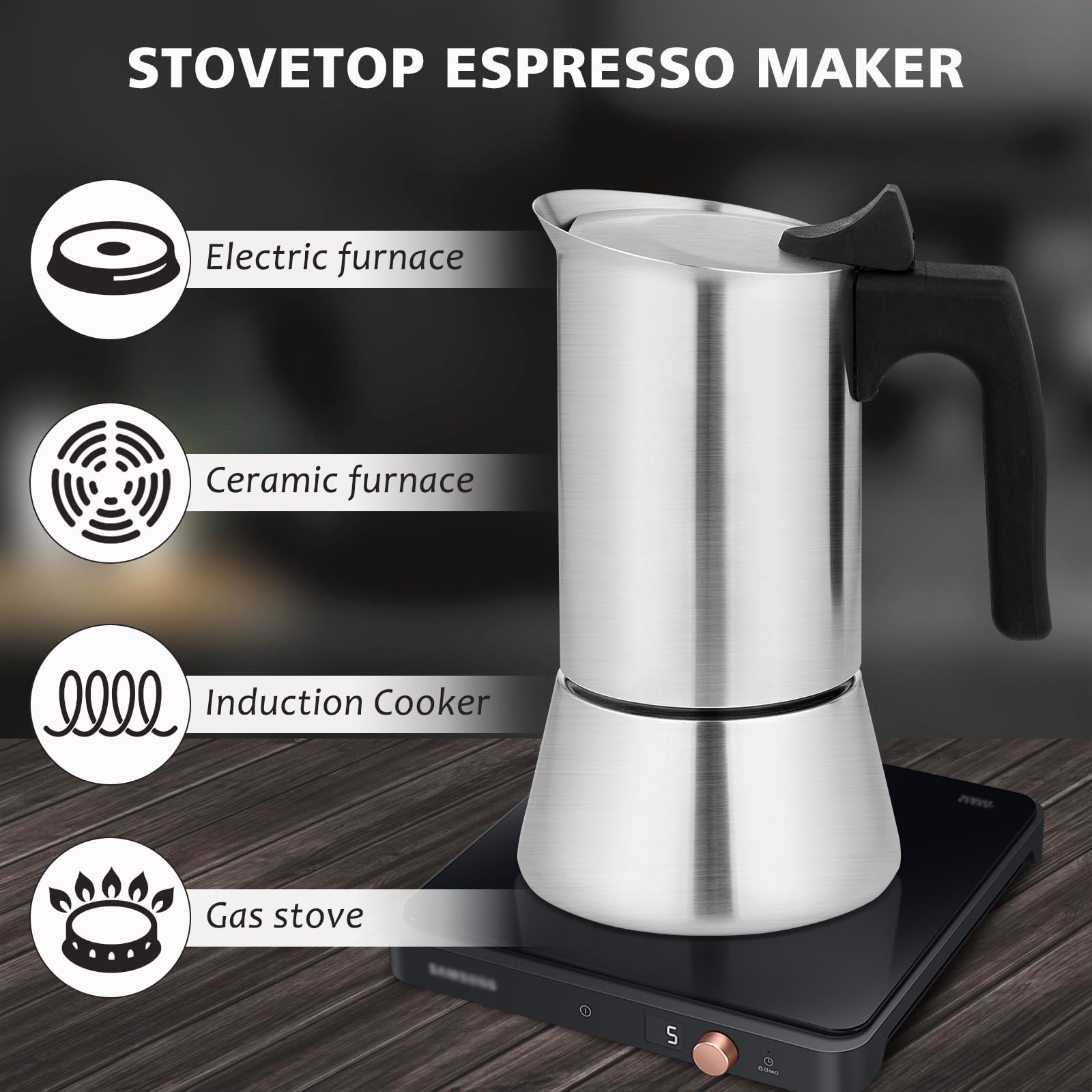 Stovetop Espresso Maker - 9 Cup Moka Pot (450ml/15oz) Stainless Steel Italian Coffee Maker for Induction Cooktops & Gas Stoves | Perfect for Home, Camping & Outdoor Use | BPA-Free & Durable Design