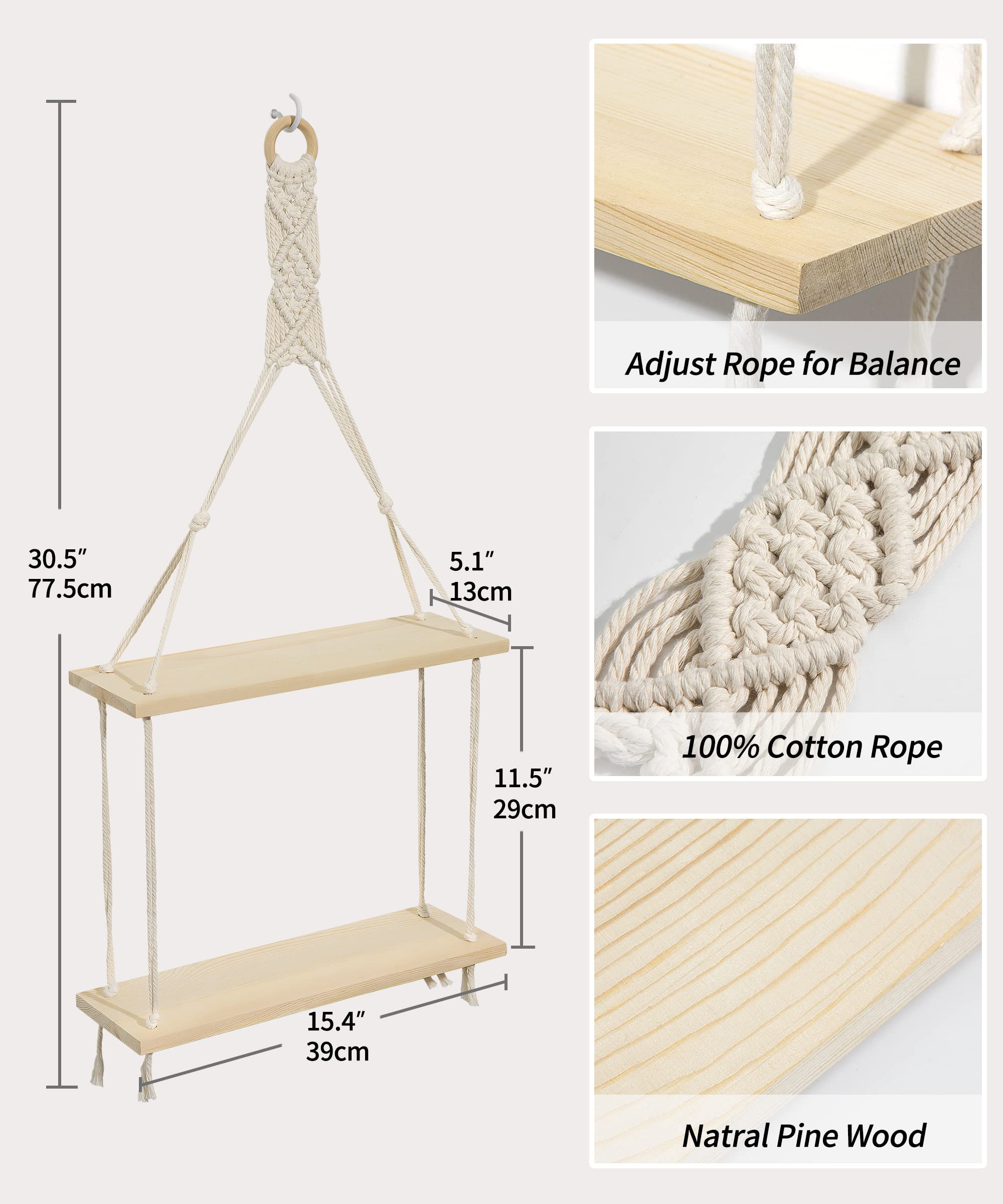AFULY Macrame Wall Hanging Shelf - 2-Tier Boho Floating Shelf with Cotton Rope, Rustic Home Decor for Plants, Photos & Storage | Perfect for Living Room, Bedroom, Bathroom & Hallway | Beige | Space-Saving Organizer for Small Spaces