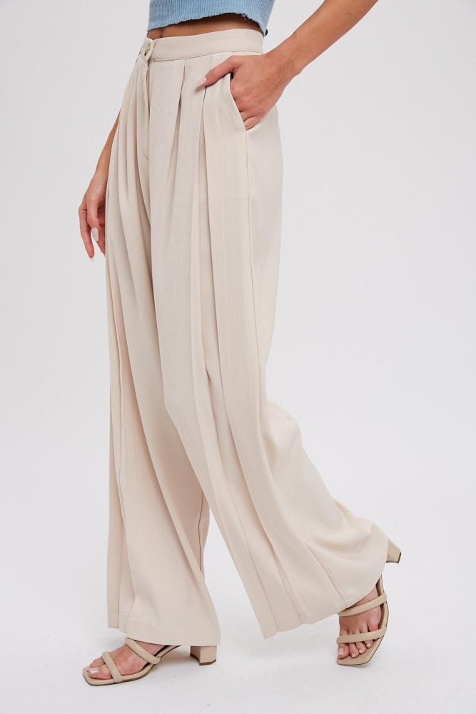 Beige Pintuck Wide Leg Pants for Women - High Waisted Linen Blend Trousers | Office Wear, Casual Outfits & Summer Fashion