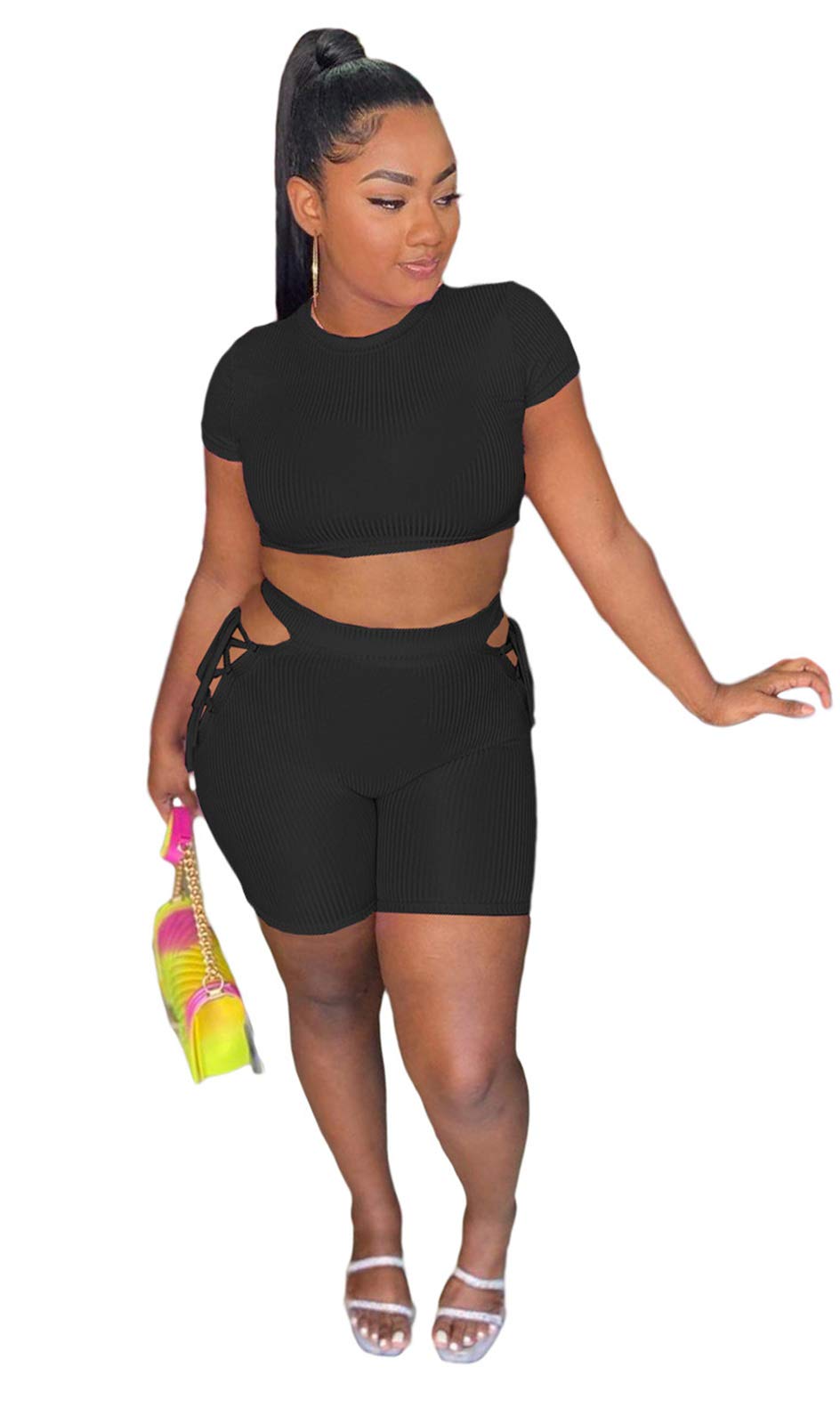 Women's Ribbed 2-Piece Outfit Set - Short Sleeve Crop Top & Bodycon Shorts Jumpsuit Tracksuit | Casual Summer Outfit for Beach, Gym & Streetwear Fashion