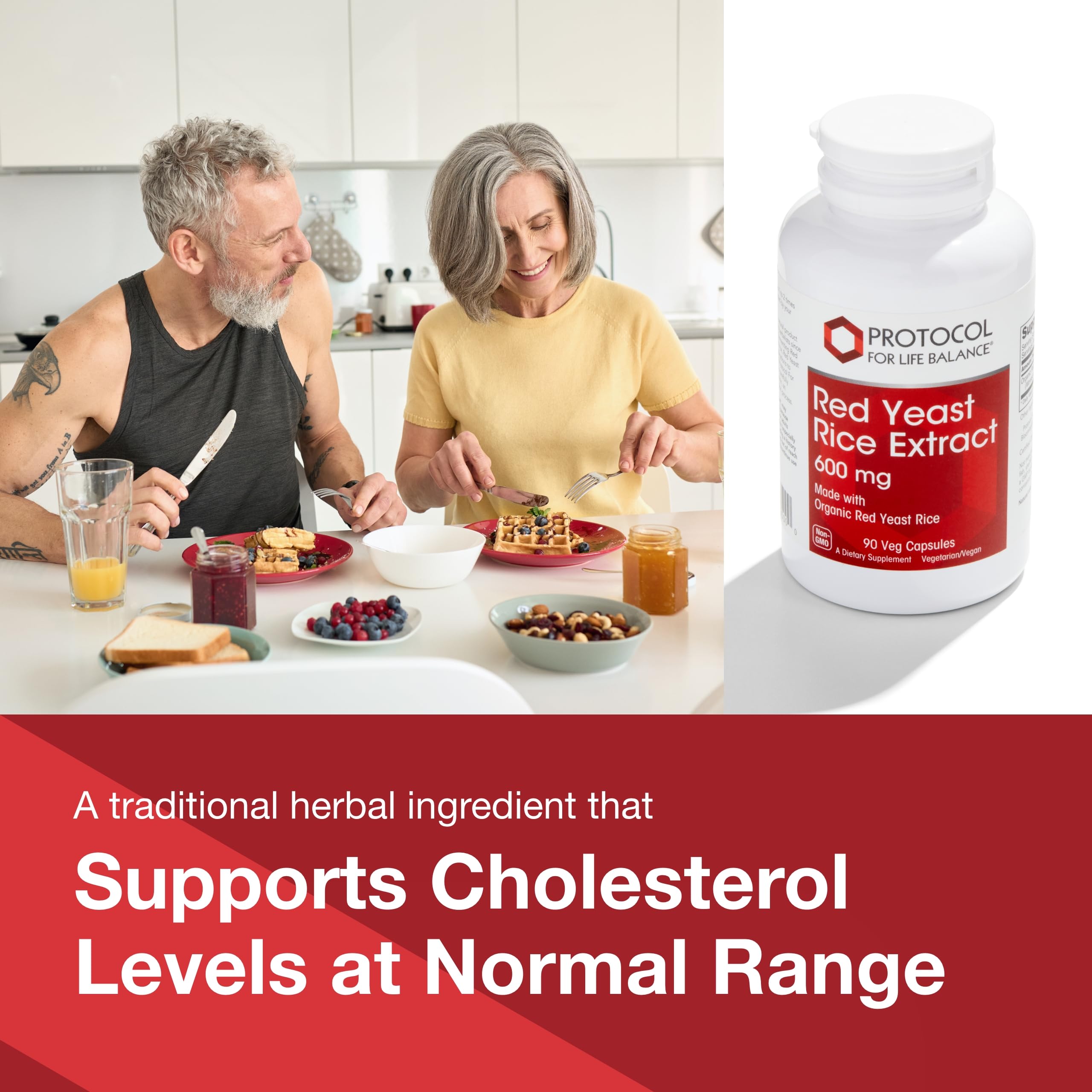 PROTOCOL FOR LIFE BALANCE Organic Red Yeast Rice Supplement 600mg - 90 Vegan Capsules, Dairy-Free & Egg-Free - Supports Heart Health & Cholesterol Balance - Perfect for Daily Wellness Routine