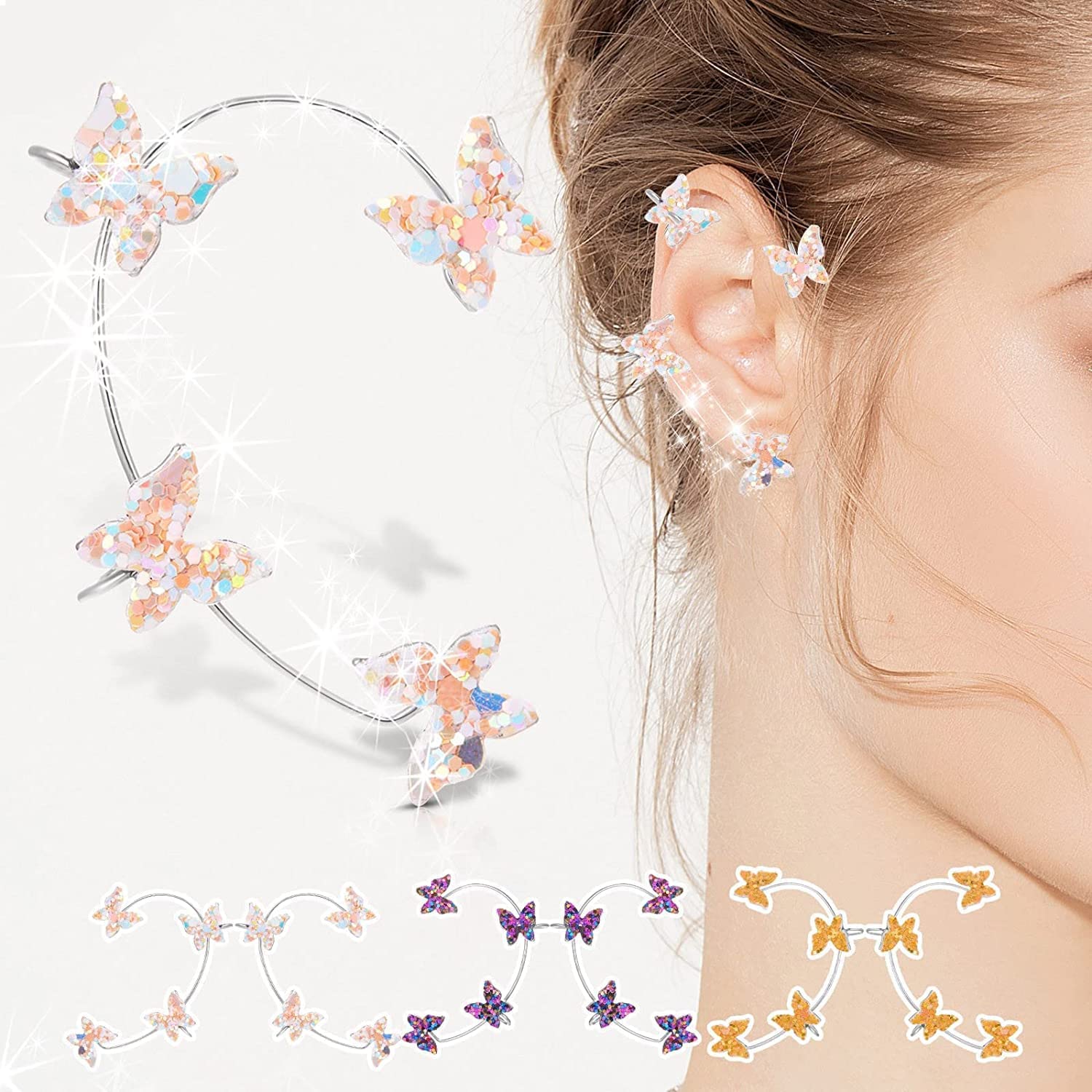 Sparkling Butterfly Cuff Wrap Earrings for Women | Colorful Zircon Sequins Fashion Jewelry | Left Ear White Butterfly Ear Cuff | Perfect for Parties, Weddings & Special Occasions