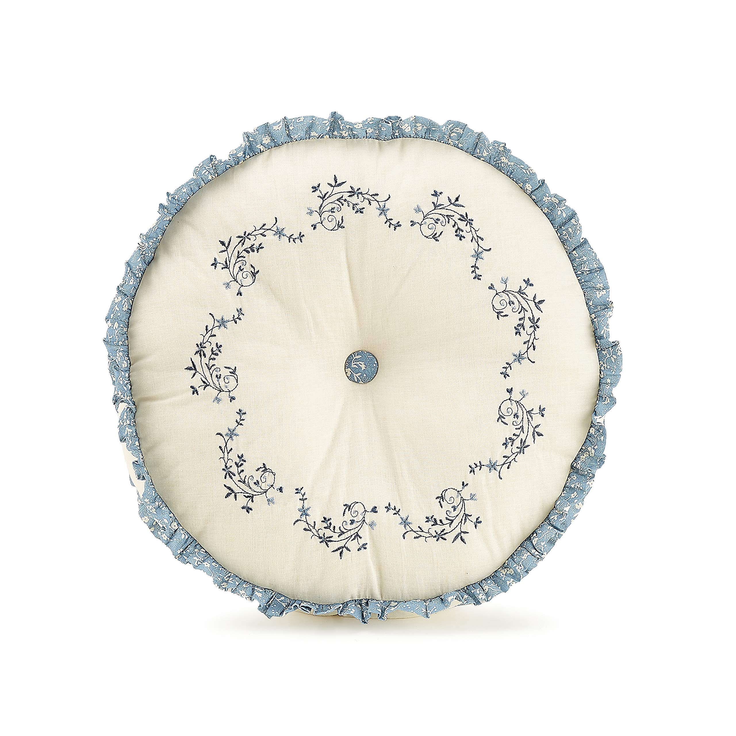 MH Embroidered Blue Floral Bedspread & 14'' Round Pillow Set - Perfect for Cozy Bedrooms & Boho Home Decor
