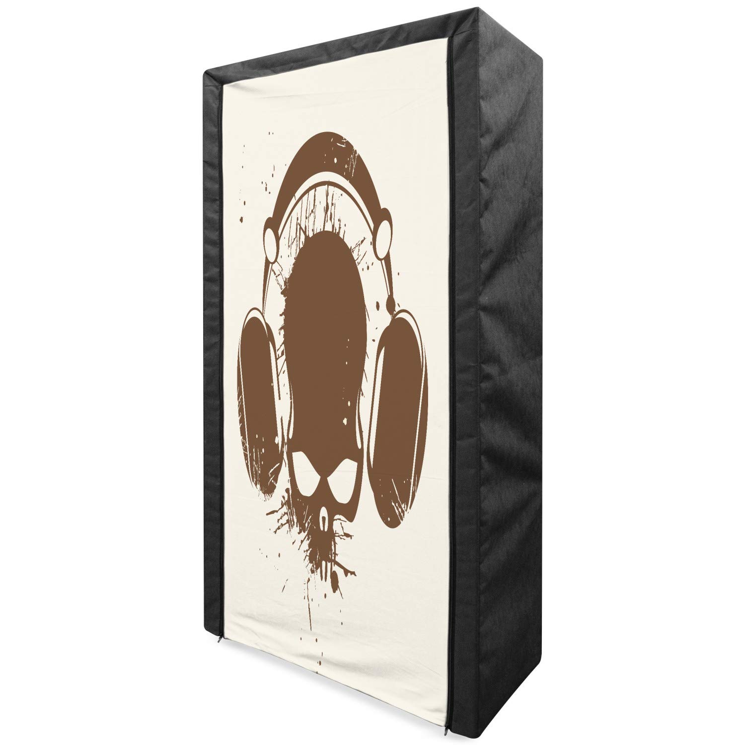 Ambesonne Portable Fabric Wardrobe - Skull with Headphones Retro Graphic Print Clothing Organizer & Storage Closet with Shelves, 33.5 Inch, Pale Caramel Cream - Perfect for Bedroom, Closet, Dorm & Apartment Organization