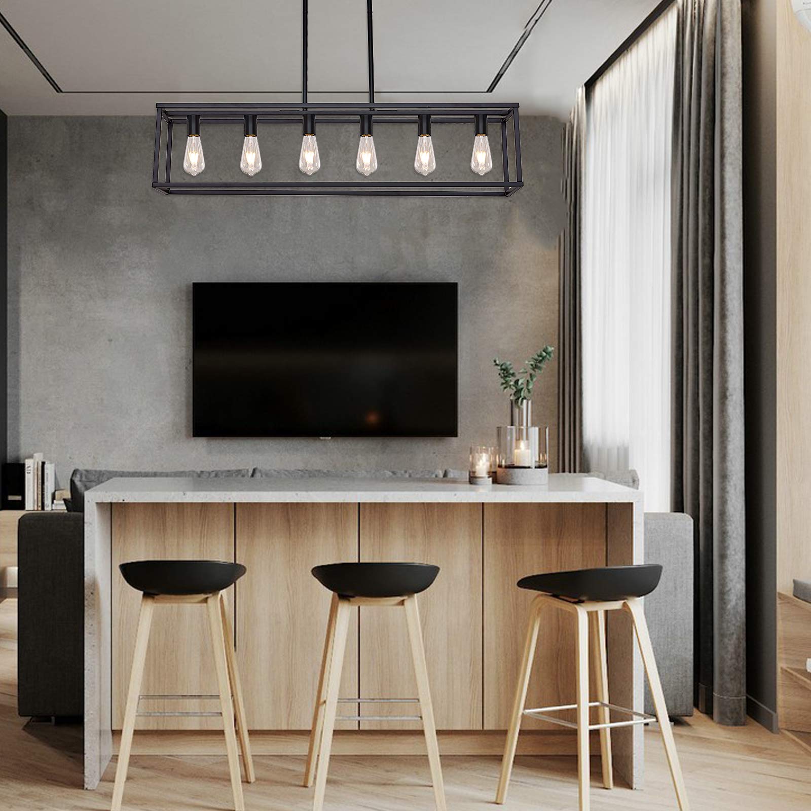 6-Light Black Metal Chandelier Lighting Fixture - Farmhouse Linear Rectangular Pendant Light for Kitchen Island & Dining Room Table | Perfect for Rustic Home Decor & Modern Farmhouse Interiors