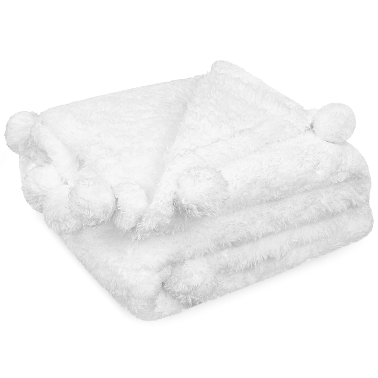 PAVILIA White Sherpa Throw Blanket for Couch & Bed - Warm Plush Pom Pom Blanket Twin Size (60x80 inches) - Soft Cozy Fluffy Blanket for Sofa, Living Room, Dorm & Winter Nights - Lightweight Fuzzy Blanket with Decorative Pom Poms