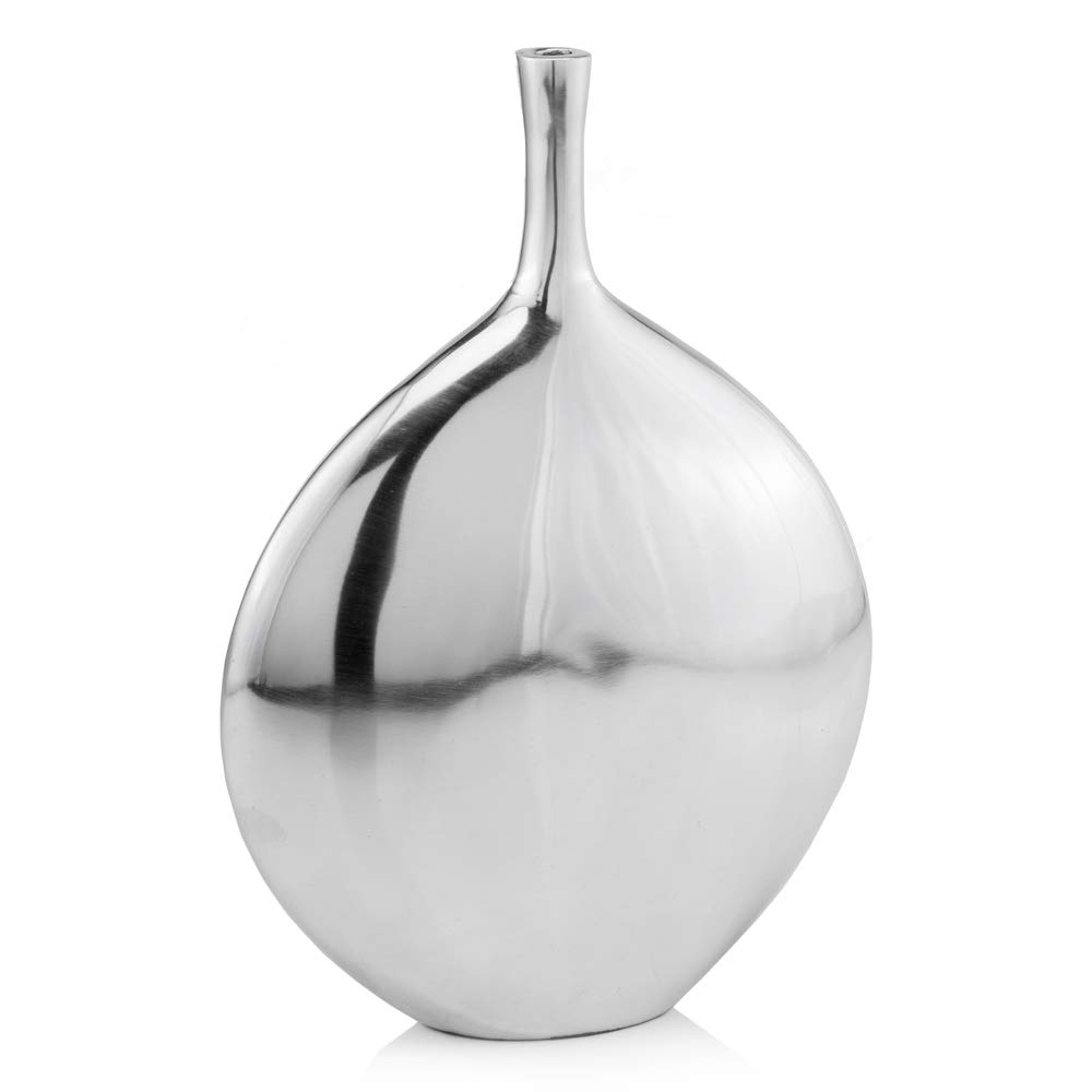 HomeRoots Modern Buffed Silver Long Neck Disc Vase - Elegant Centerpiece for Dining Tables, Wedding Decor & Home Accents