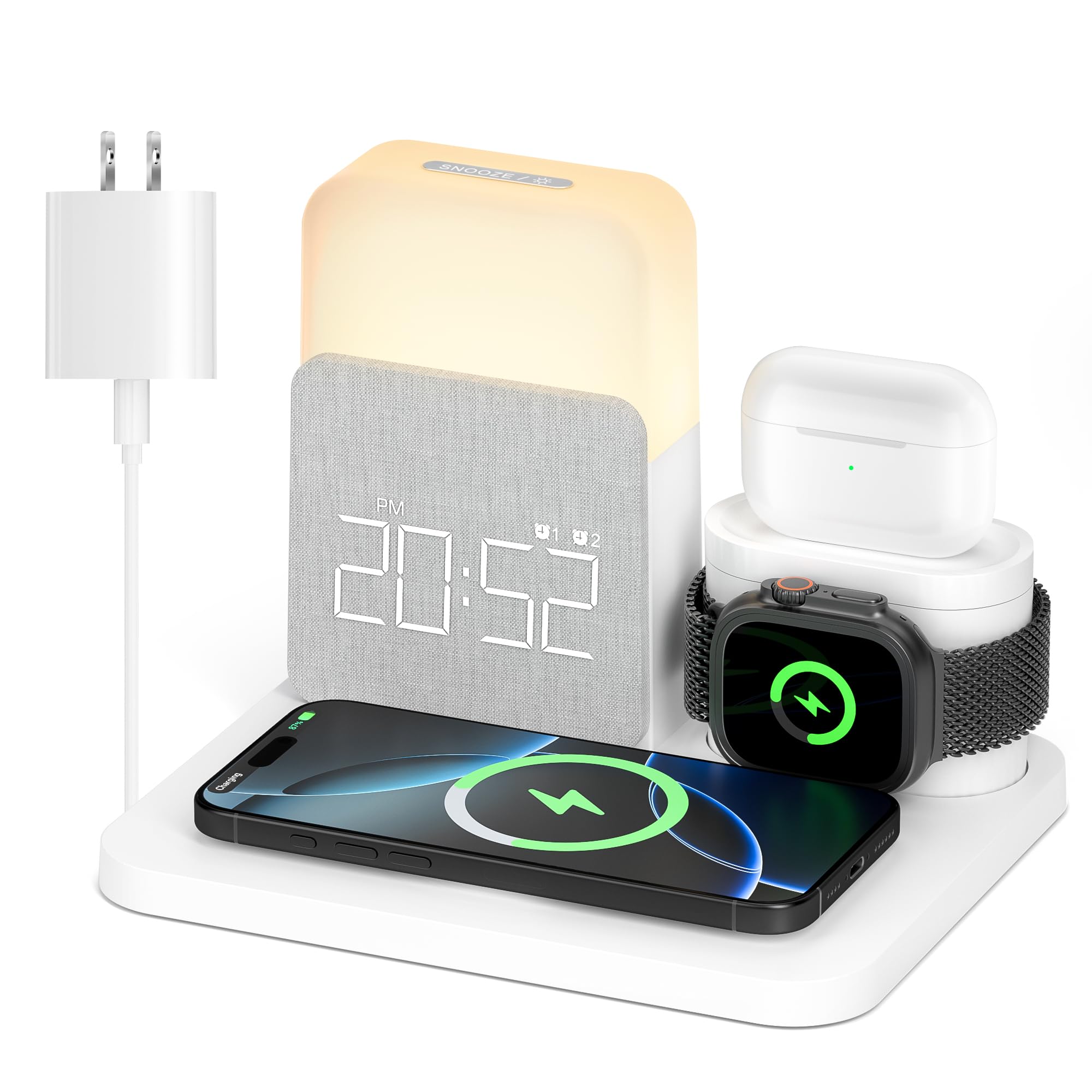 7-in-1 Wireless Charging Alarm Clock with MagSafe for iPhone 16/15/14/13/12 Pro Max - Bedside Charging Station with Night Light for Apple Watch & AirPods - Perfect for Bedroom, Office & Travel Use