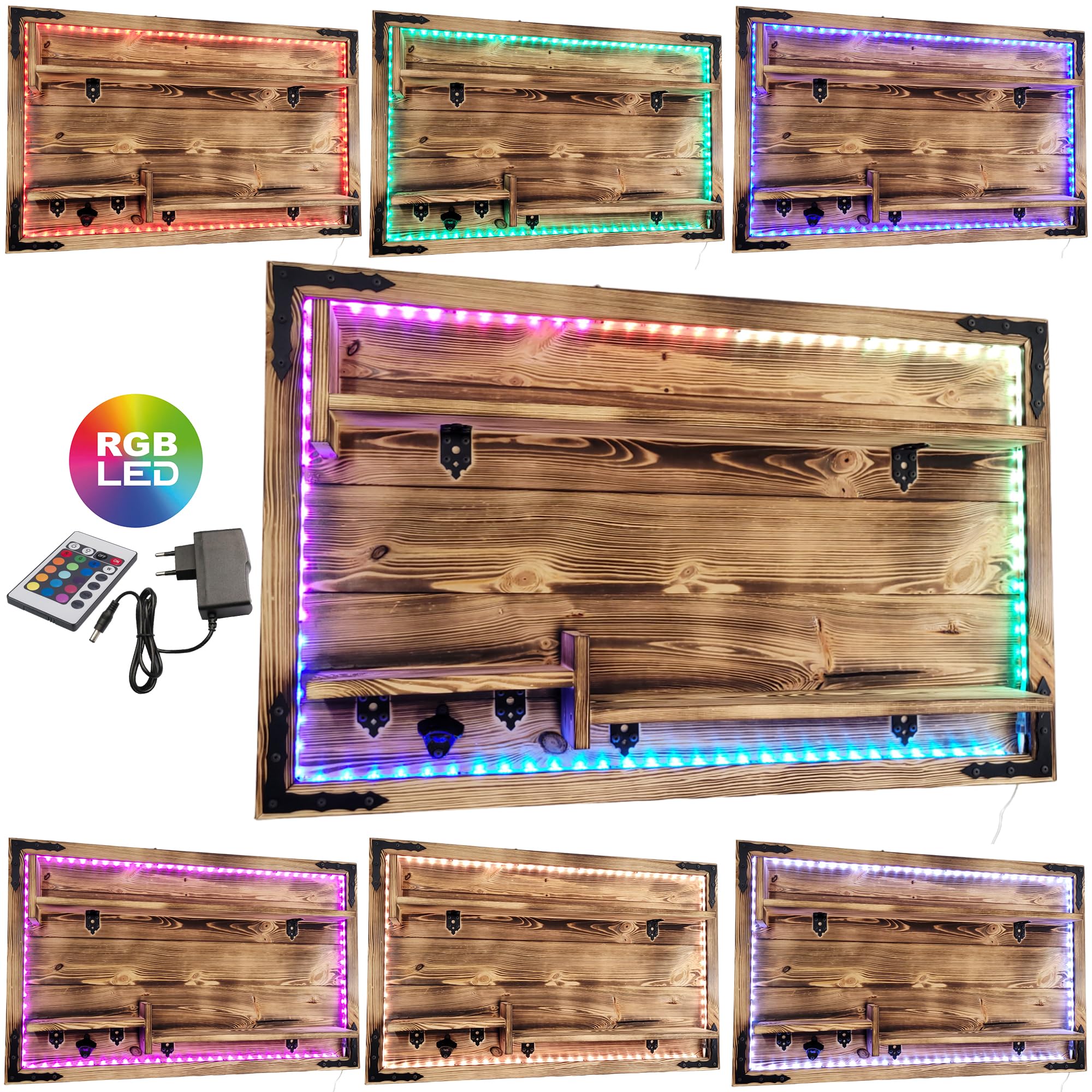 Rustic Wall-Mounted Floating Shelf in Brown Wenge - RGB LED Bar Shelf for Whiskey, Gin, Vodka Display - Perfect for Home Bar, Pub Decor & Rustic Wall Organization