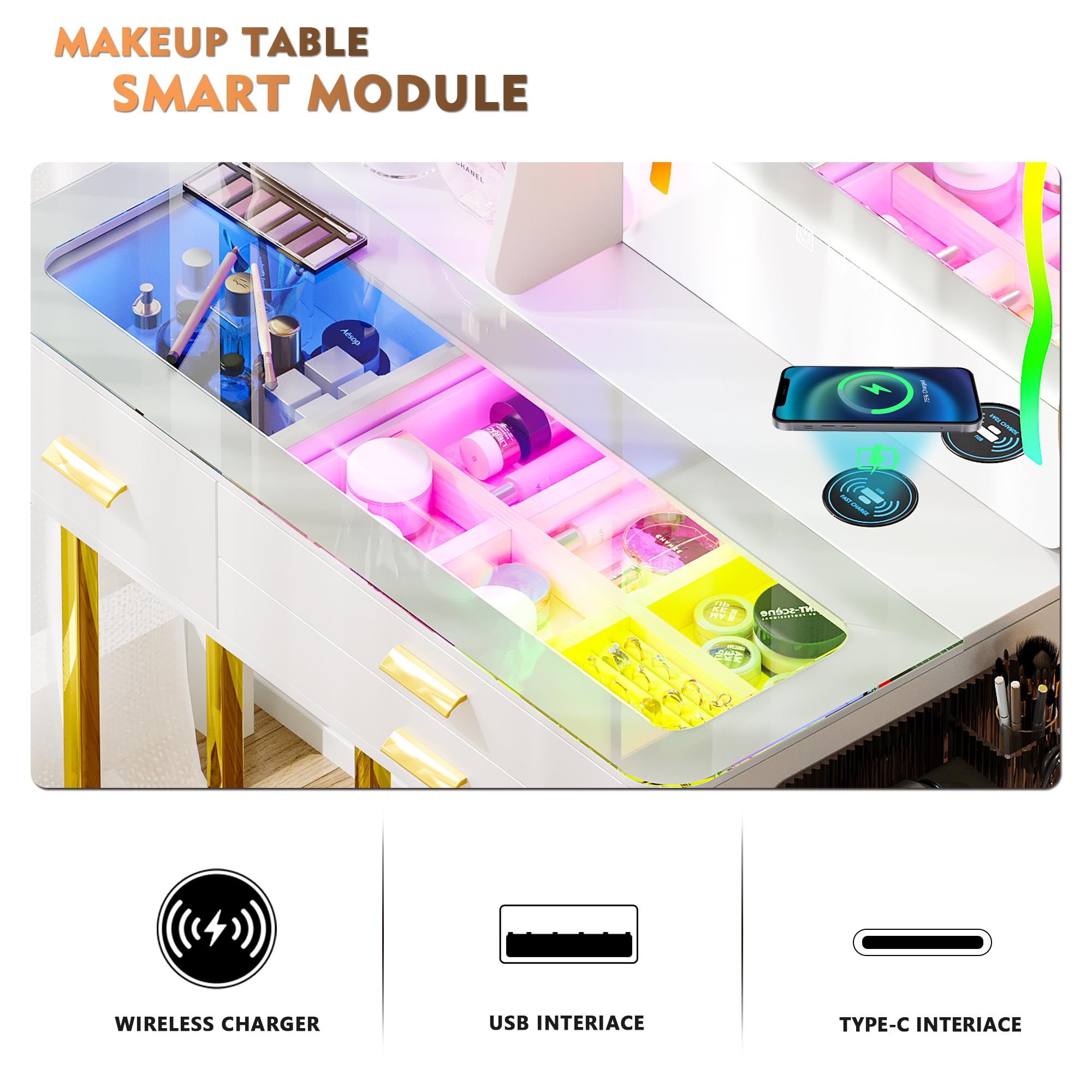 RGB Makeup Vanity Desk with Wireless Charging Station - 7 Dynamic & 7 Static Dimmable LED Lights, Glass Top Vanity Table with Auto Sensor Mirror & Stool - Perfect for Bedroom, Dressing Room & Beauty Salon Makeup Setup
