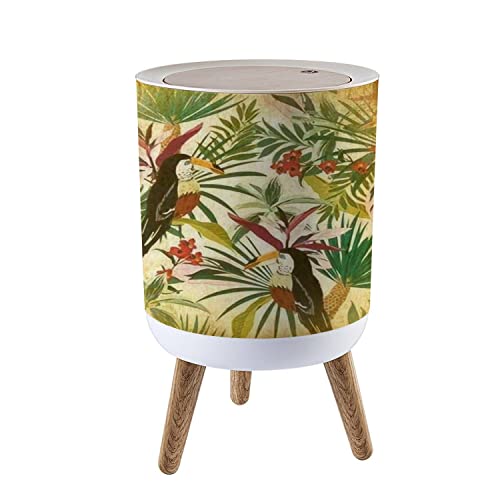 Colorful Toucan Small Trash Can with Lid - 1.8 Gallon Tropical Forest Design Round Waste Bin, Press Cover Dog Proof Garbage Bin for Kitchen, Bathroom, Living Room - Perfect for Summer Decor & Exotic Bird Lovers