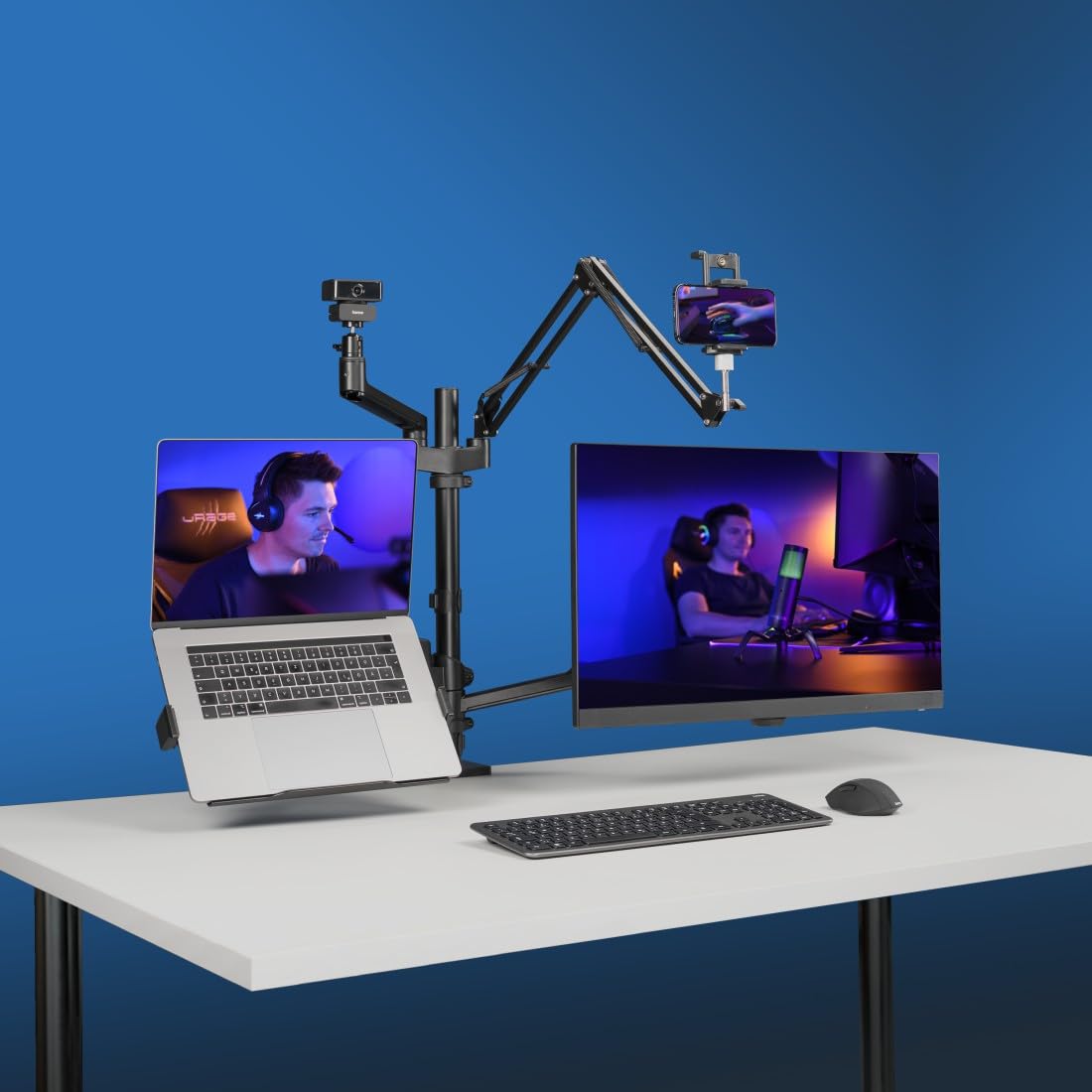 Hama Dual Monitor Mount Stand - 4 Arm Adjustable Swivel Tilt Desk Mount with Microphone Boom & Tripod Base for Streaming Setup, PC Monitors, Camera, Ring Light, Phone (Black) - Perfect for Home Office, Gaming & Live Streaming