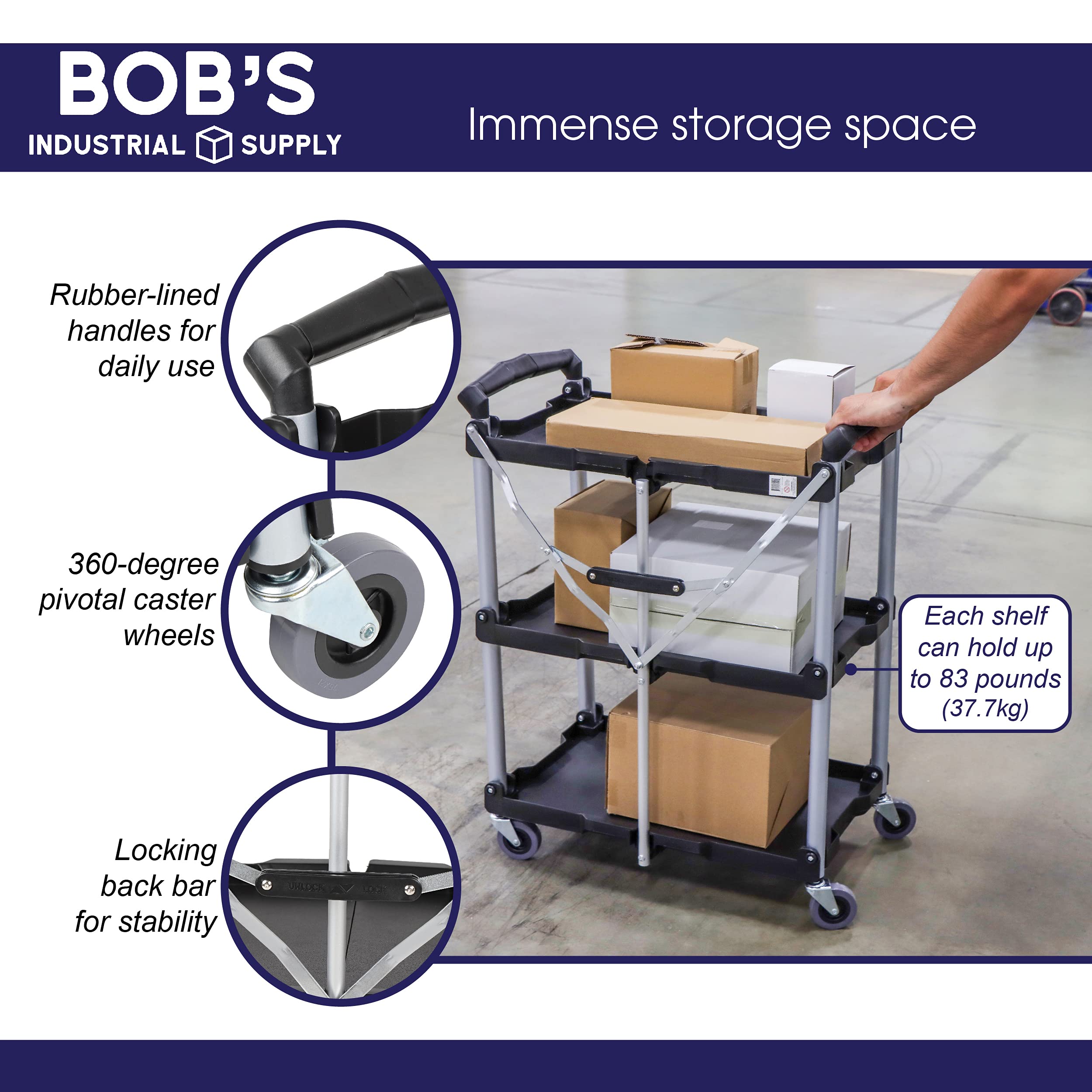 BISupply 3-Tier Rolling Cart - Foldable Utility Cart with Wheels for Kitchen, Restaurant, Office, and Home Organization | Perfect for Food Service, Storage, and Mobile Workspaces