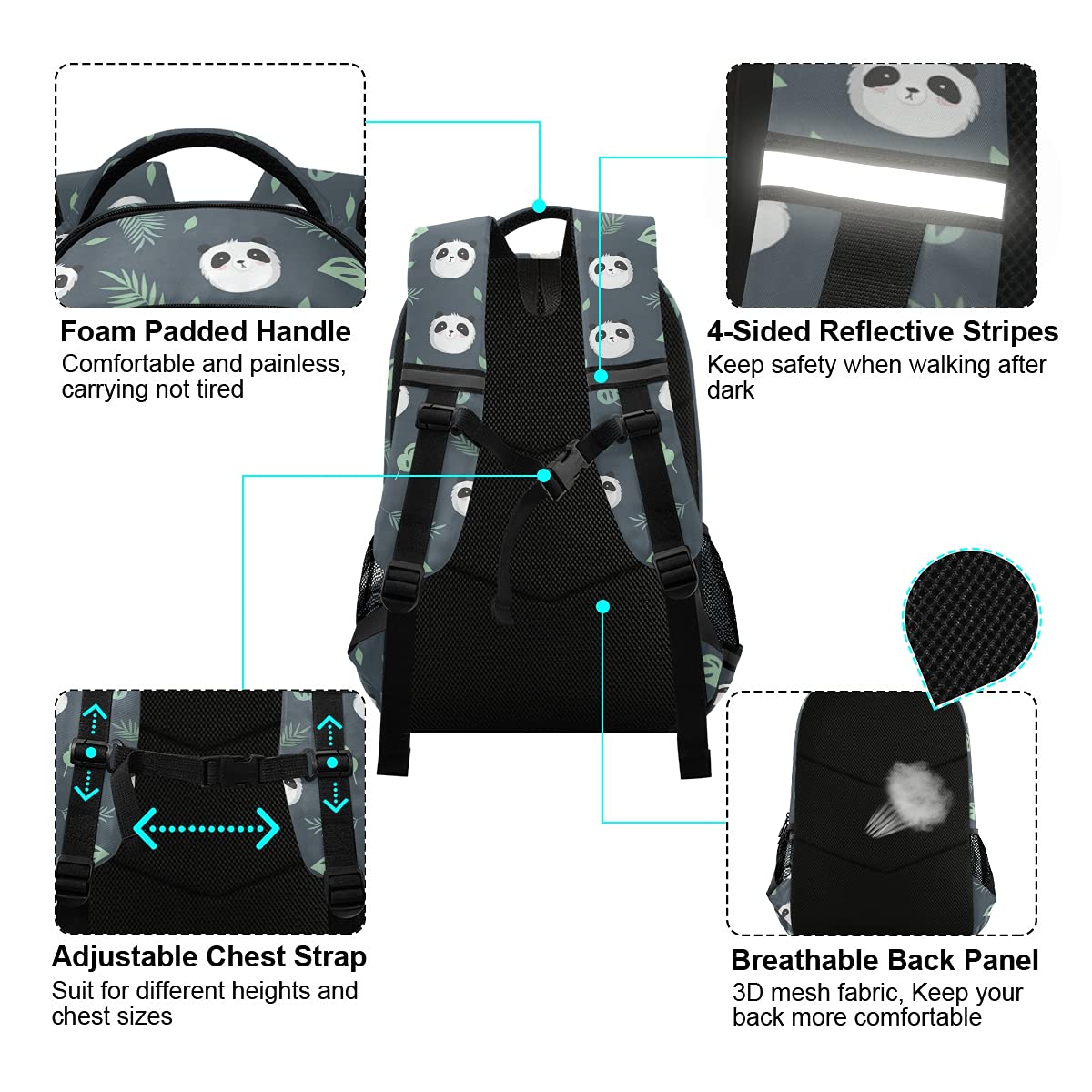 Cute Panda Plant Leaves Laptop Backpack with Chest Strap - Lightweight School Backpack for Boys & Girls, Durable Travel Hiking Rucksack for College, Work & Outdoor Adventures