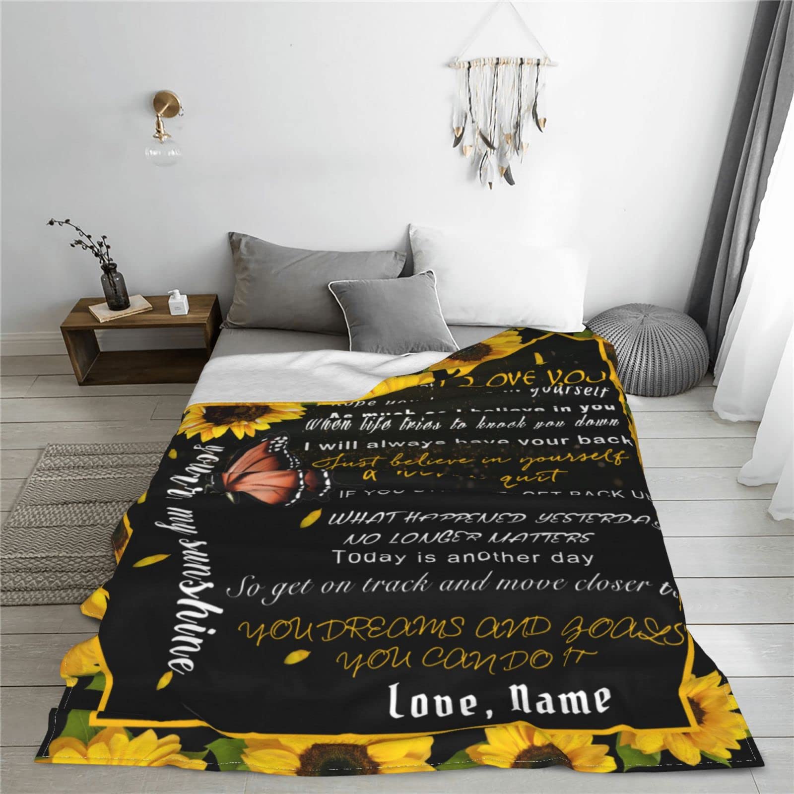 Personalized Custom Name Blanket - Love Letter to My Daughter from Dad & Mom - Butterfly Sunflower Design - 40x50 Inches Soft Fleece Throw Blanket - Perfect for Bed, Couch, Nursery & Gift Giving