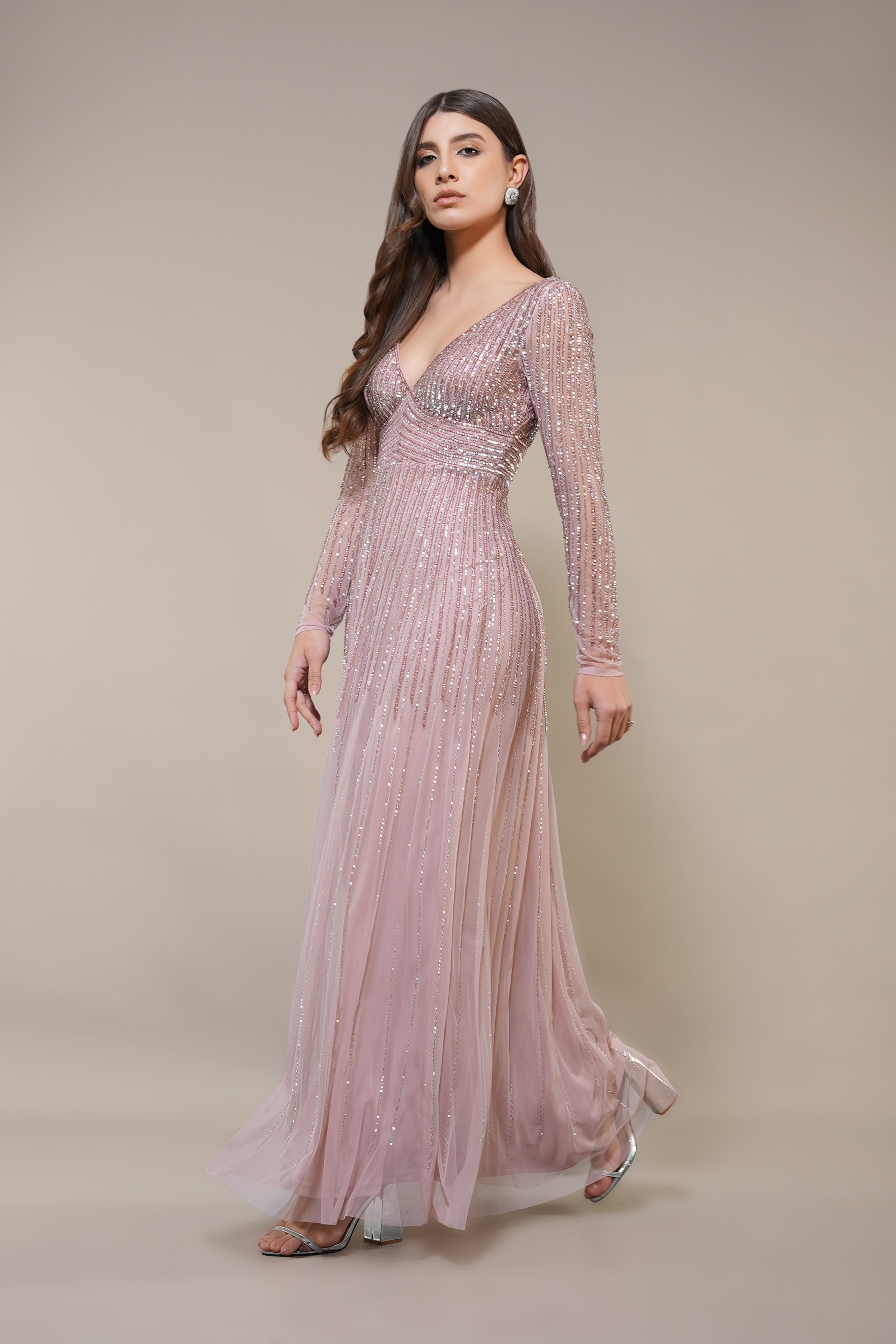 Laura Embellished Maxi Dress in Blush Pink | Elegant Floral Lace Wedding Guest Dress | Perfect for Bridal Shower, Evening Party & Special Occasions
