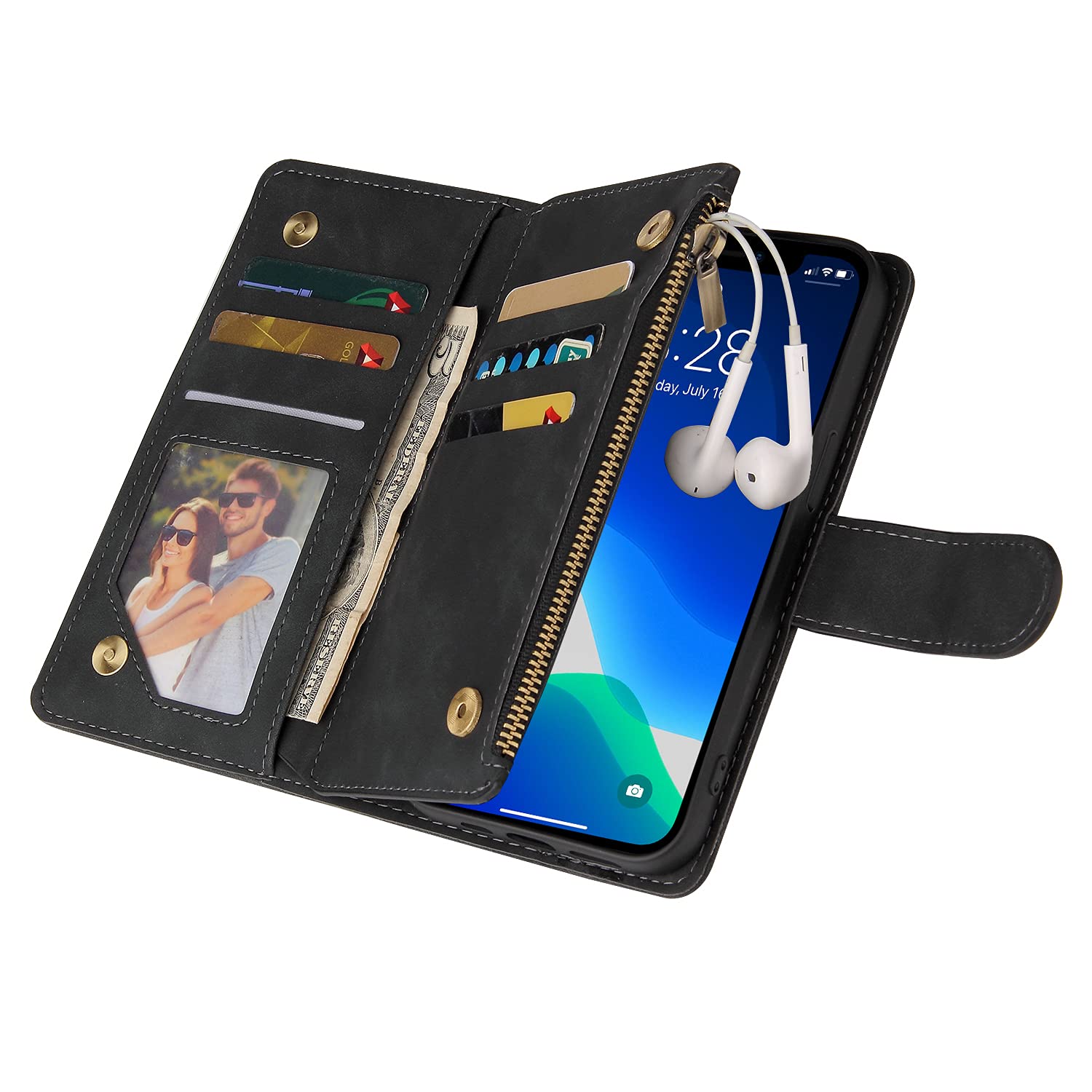 Premium iPhone 13 Pro Wallet Case with Tempered Glass Screen Protector & Card Holder - 6.1 inch Flip Cover for iPhone 13 Pro 5G (Black) - Stylish Protective Phone Case for Men & Women - Perfect for Daily Use, Travel, and Business Meetings