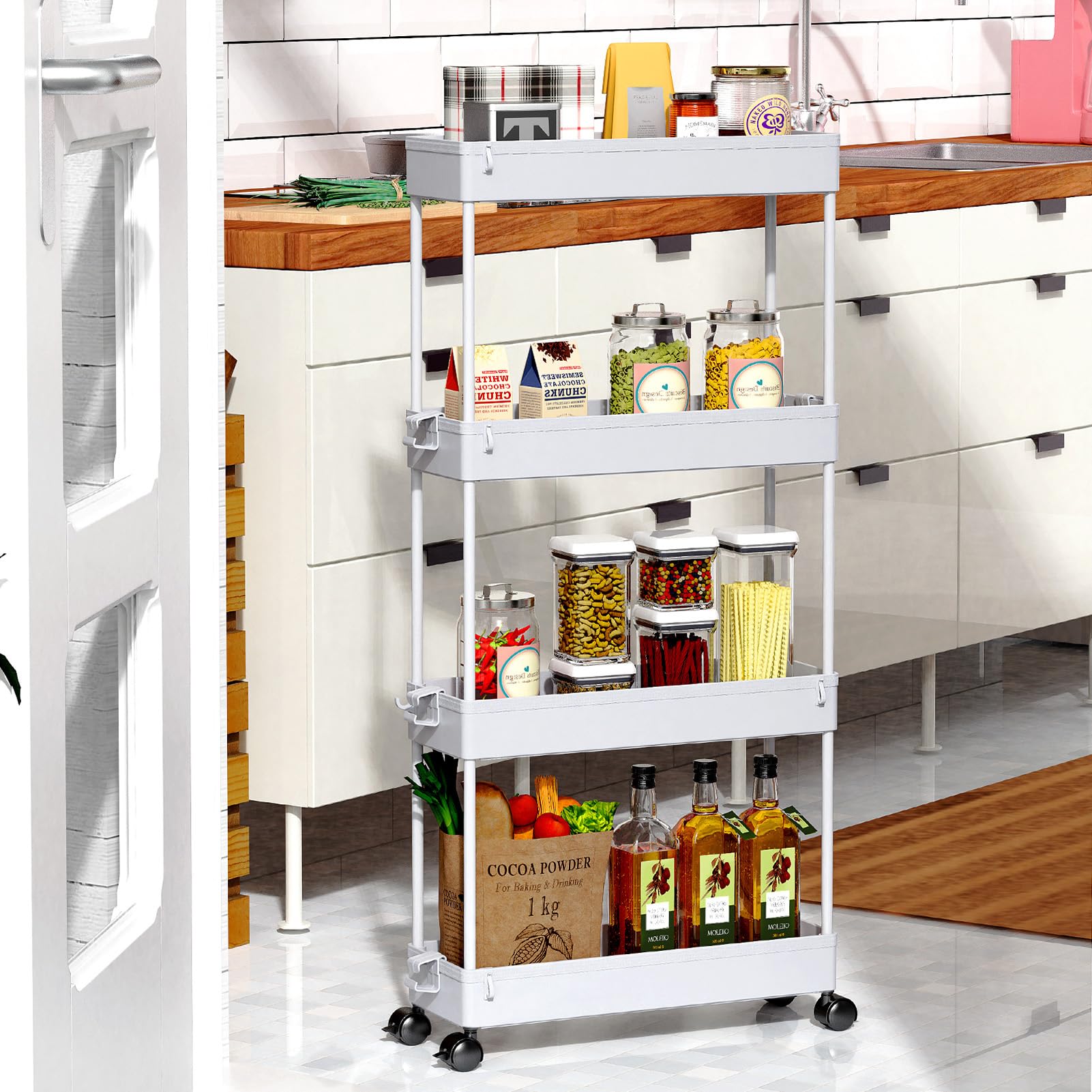 SPACEKEEPER 4-Tier Slim Rolling Storage Cart - Mobile Organizer with Wheels for Bathroom, Kitchen, Laundry & Small Spaces - Gray Utility Cart Tower for Home Organization & Storage Solutions | Perfect for Narrow Areas, Closet Organization & Apartment Living