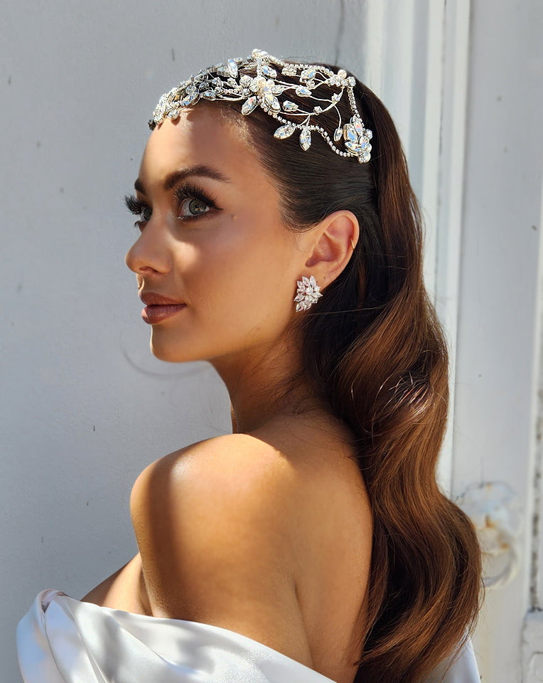 Elegant Wedding Headpiece with Statement Crystals & Pearls - Juliet Cap Inspired Santorini Headband by Kezani | Perfect for Bridal Accessories, Boho Weddings & Special Occasions