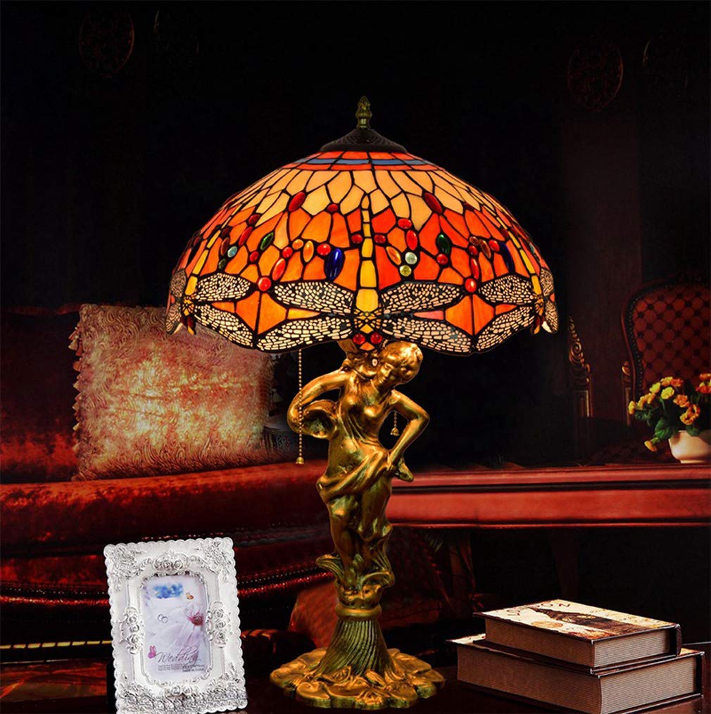 16 Inch Handmade Stained Glass Red Dragonfly Tiffany Style Table Lamp - E27 Socket Bedside Light for Living Room, Bedroom, Bar & Cafe Decor - Perfect for Home Office, Reading Nook & Gift Giving