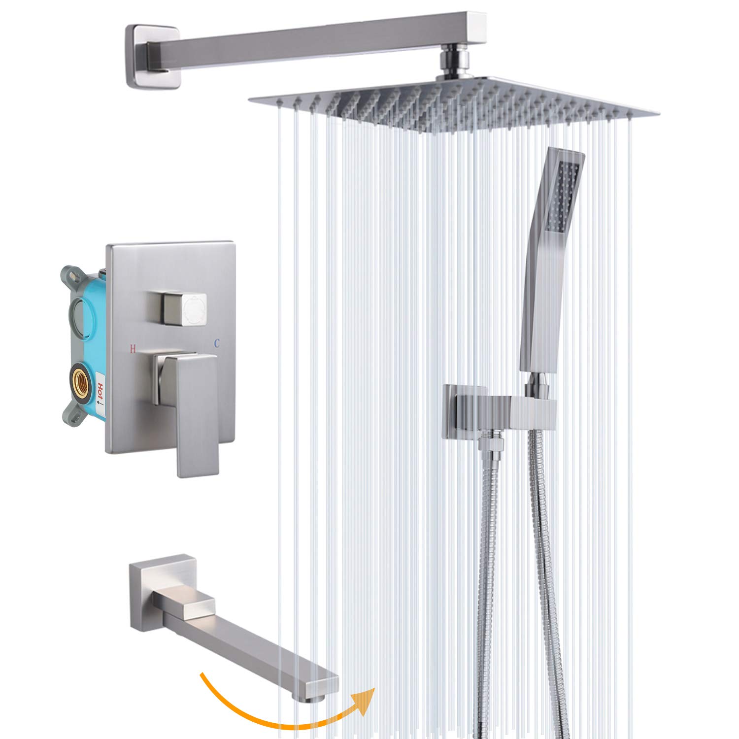 Luxury Brushed Nickel Shower System Combo Set - 10 Inch Square Rain Shower Head with Mixer Valve & Tub Spout - Complete Bathroom Faucet Rough-in Kit for Spa-Like Shower Experience | Perfect for Master Bathroom Remodel & Luxury Home Upgrade