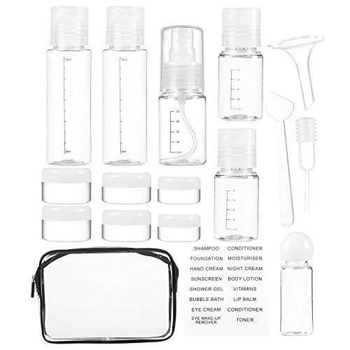 16 Pack TSA Approved Travel Bottles Set - Leak Proof Toiletry Containers for Shampoo, Lotion & Liquids (Includes Spray Bottle, Pump Bottles, Jars & Travel Bag) - Perfect for Air Travel, Camping & Gym Essentials