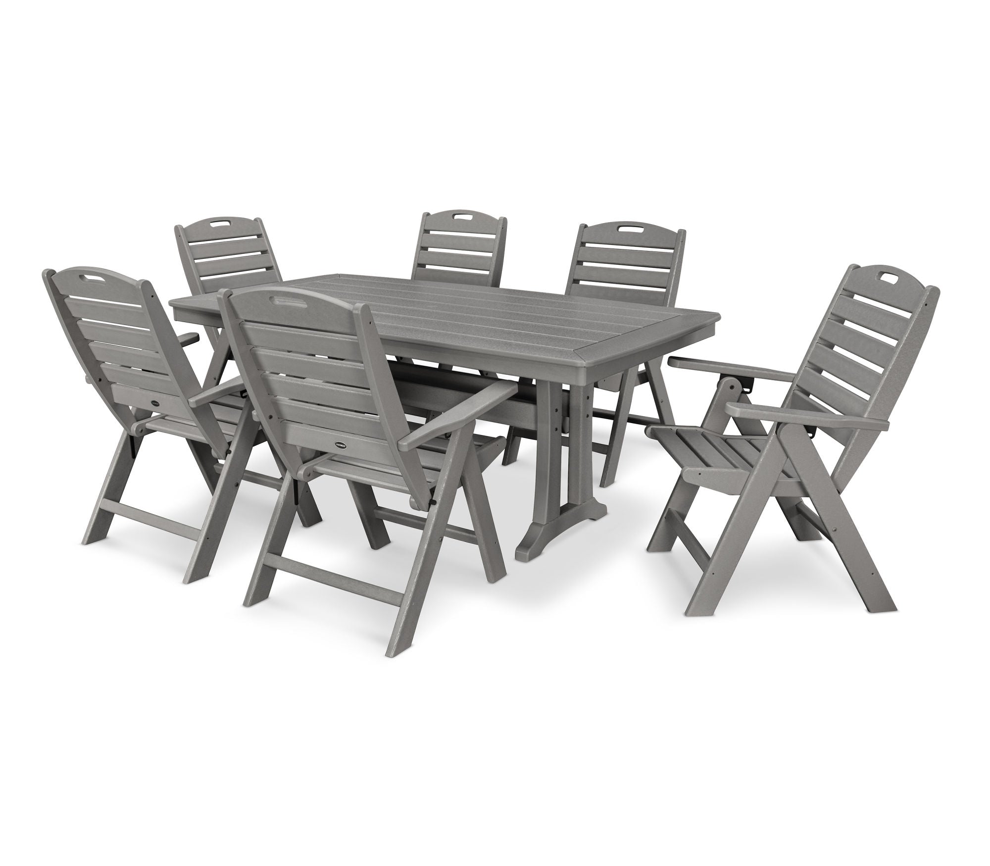 POLYWOOD 7-Piece Nautical Folding Highback Chair Dining Set with Trestle Legs - Outdoor Patio Furniture for Beach House, Poolside & Coastal Decor