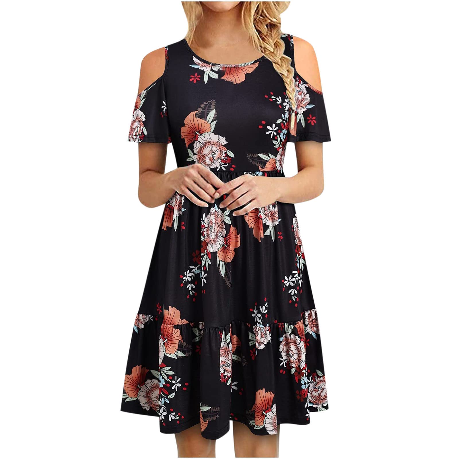 Women's Floral Print Cold Shoulder Dress - Knee Length A-Line Swing Shift Dress with Flowy Fit | Perfect for Summer Parties, Weddings & Casual Outings