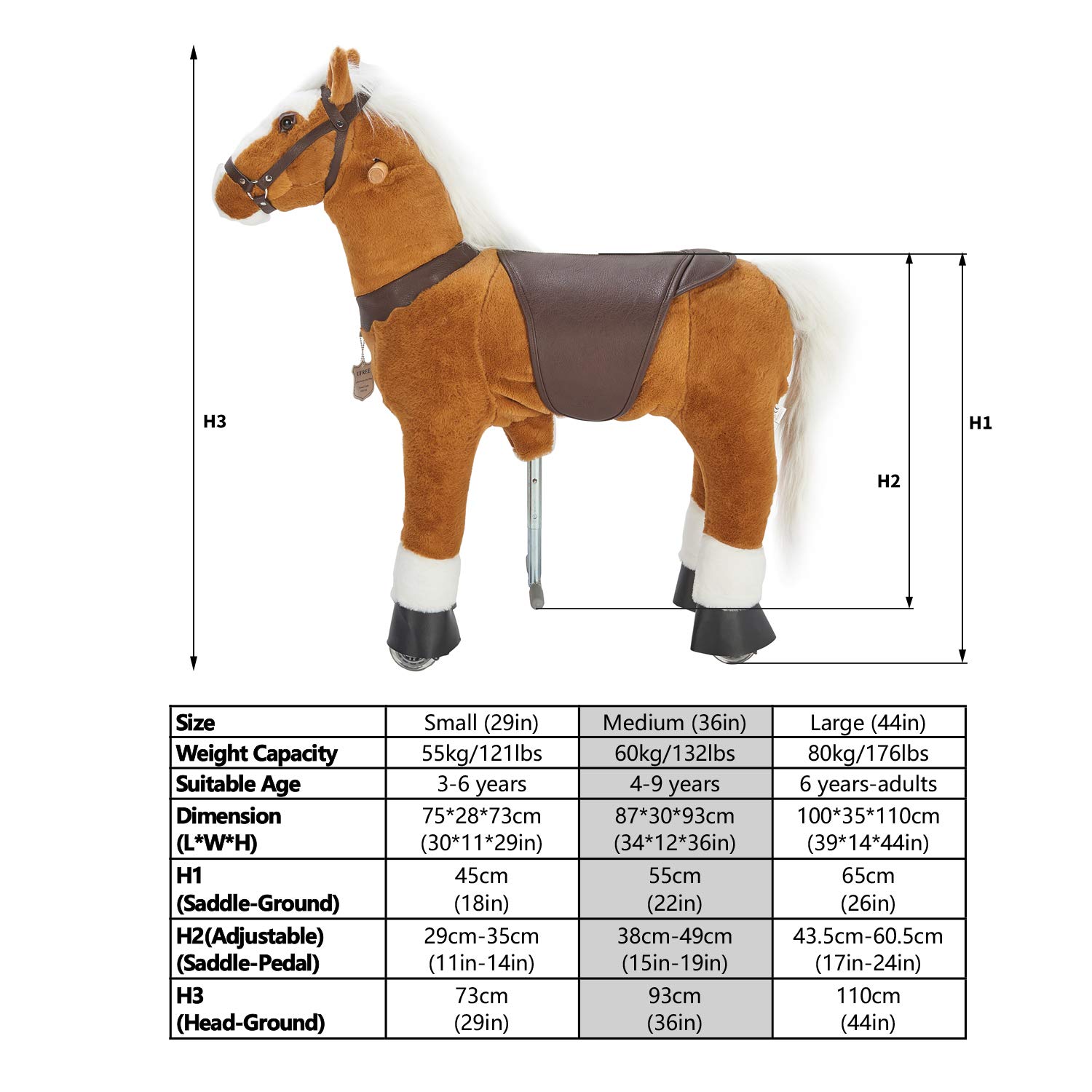 UFREE Ride-On Walking Horse Toy for Kids - 36 Inch Height, Best Birthday Gift for Girls Ages 4-9 | White Mane & Tail | Pretend Play, Outdoor Fun, Imaginative Playtime Gift