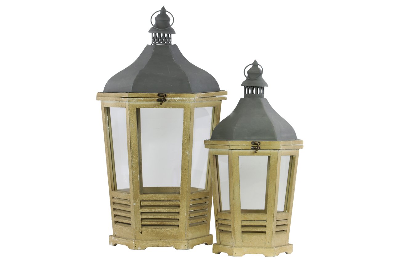 Vintage Hexagonal Lantern with Cast Iron Top & Metal Ring Handle - Distressed Wood Finish Glass Sides Tapered Bottom (Set of 2, Dark Khaki Brown) - Perfect for Farmhouse Decor, Patio Lighting & Rustic Wedding Centerpieces