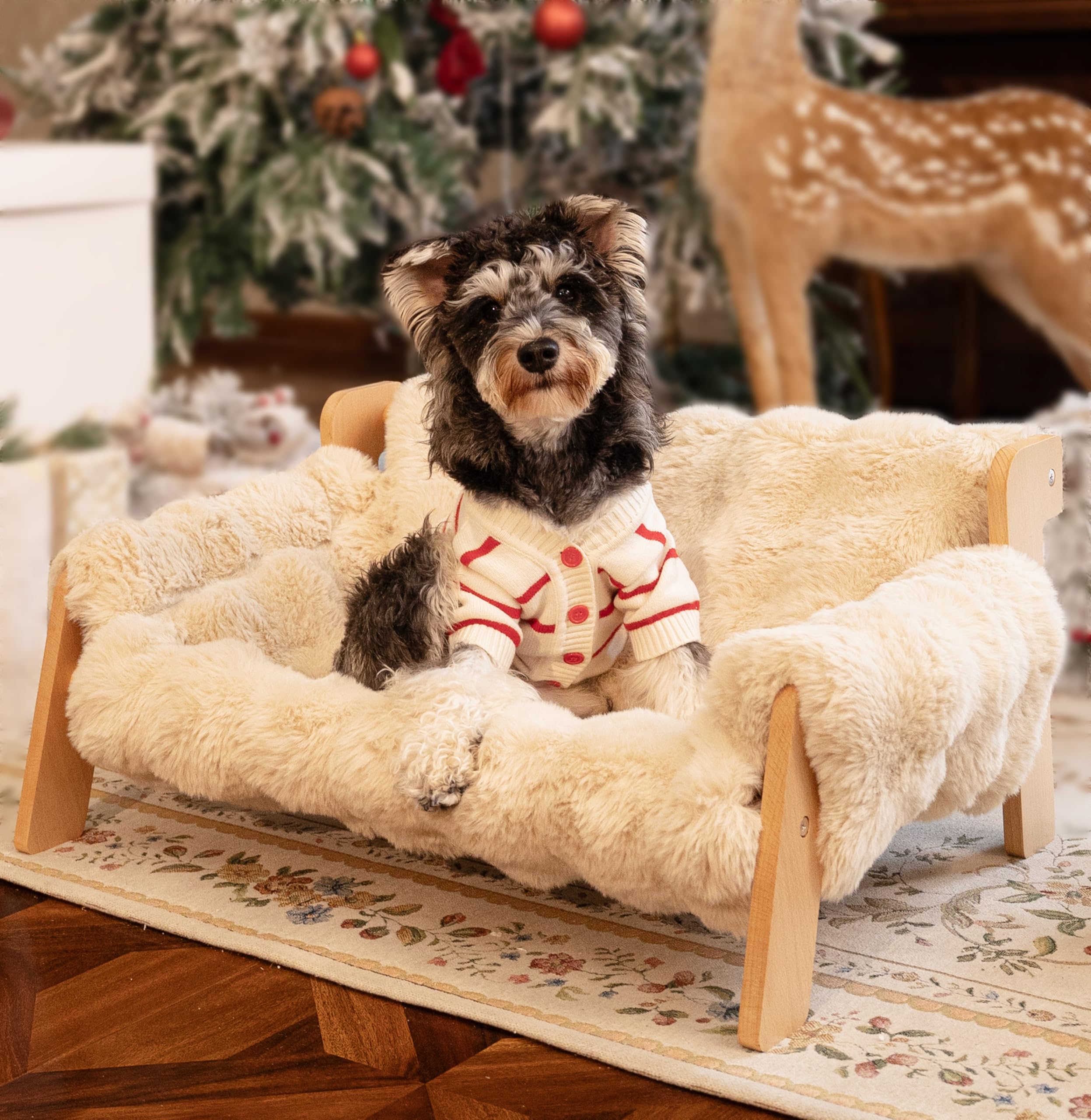 Elevated Cat Couch Bed for Indoor Cats - Fluffy Pet Sofa Recliner with Wooden Frame, Cozy Lounge Chair for Small & Medium Dogs - Perfect for Living Room, Bedroom & Pet Play Areas (Khaki)