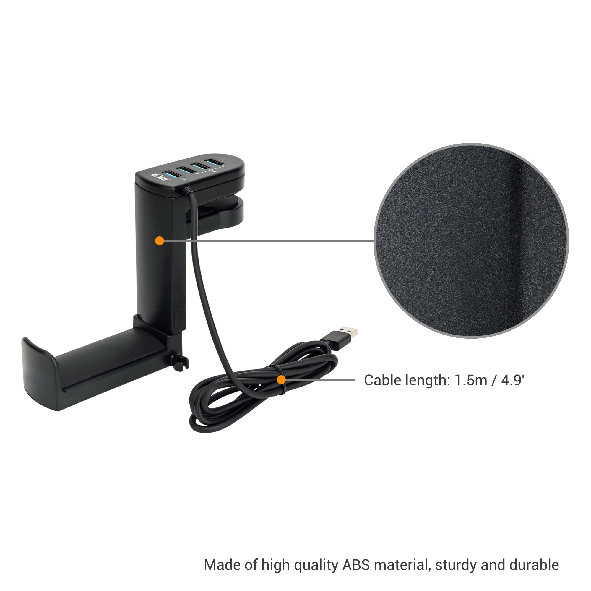 Kiorafoto 2-in-1 Under Desk Headphone Hook & 4-Port USB 3.0 Hub - 360° Rotating Gaming Headset Stand with High-Speed Data Transfer for PC, Laptop, and Multiple Devices | Perfect for Home Office, Gaming Setup, and Workspace Organization