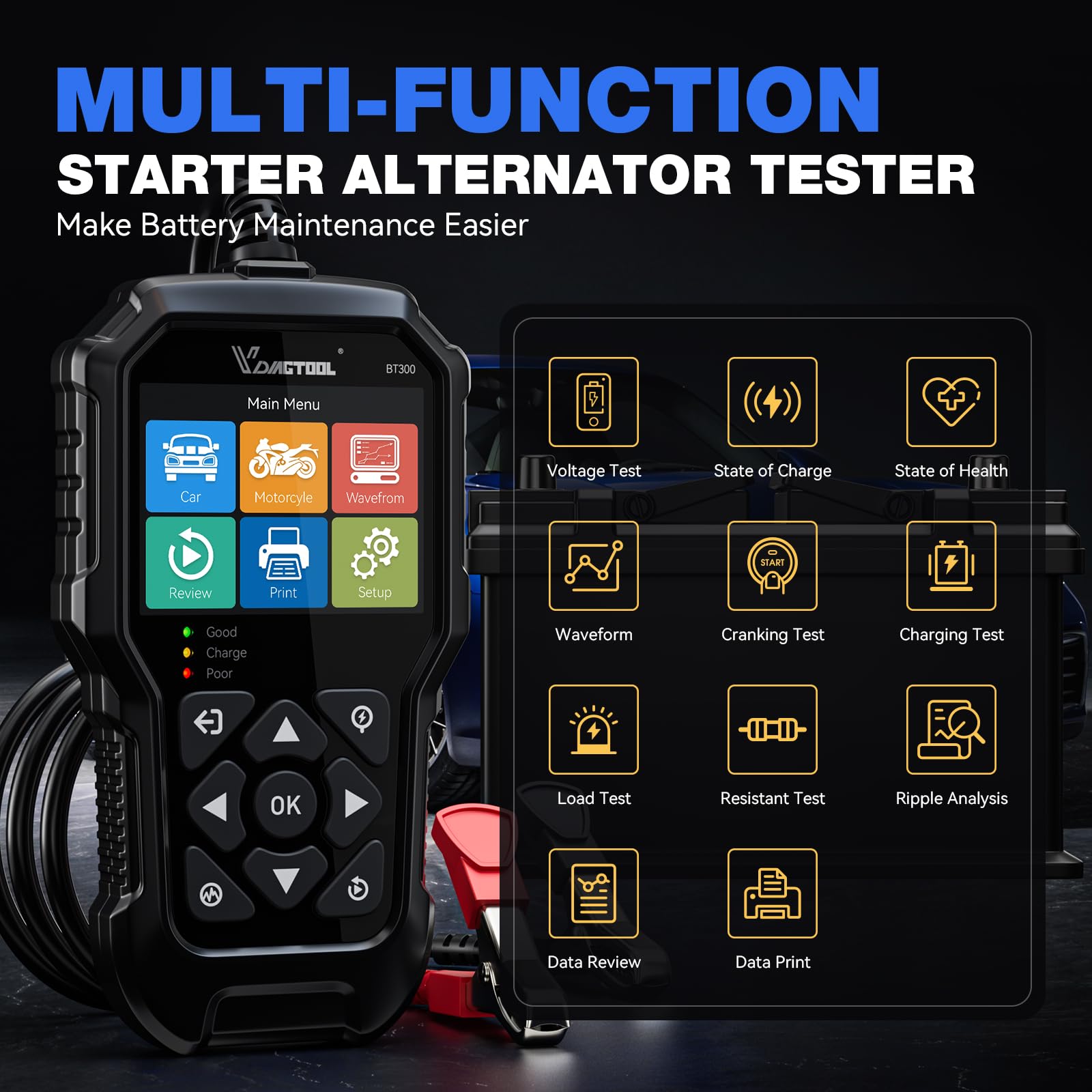 VDIAGTOOL BT300 Professional Car Battery Tester - 6V/12V Automotive Battery Load Tester with 5-3000 CCA Range | Starter & Alternator Diagnostic Tool for Cars, Trucks, SUVs, Motorcycles, ATVs & Boats | Perfect for Home Mechanics & Auto Repair Shops