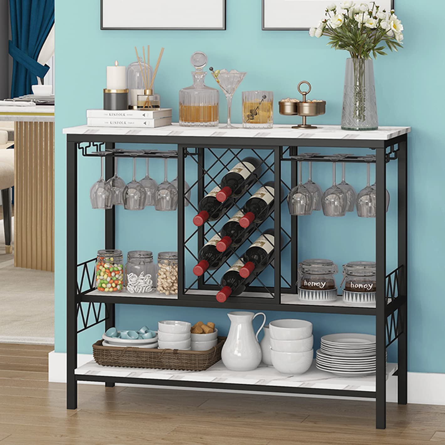 O&K FURNITURE 3-Tier Wine Rack Table with Storage - White Marble Liquor Cabinet & Coffee Bar for Kitchen, Dining Room, Living Room - Perfect for Entertaining Guests & Home Decor