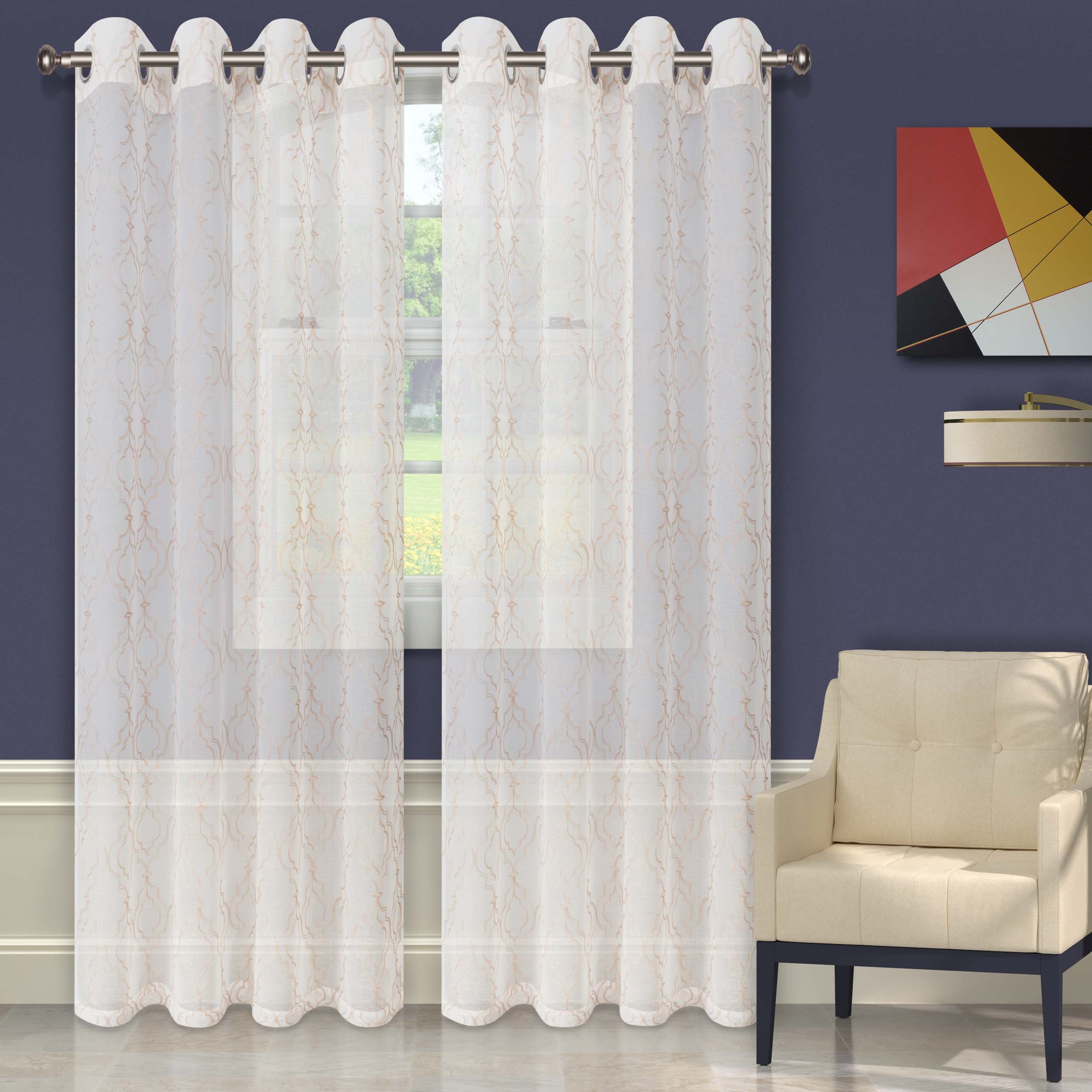 Embroidered Imperial Trellis Sheer Grommet Curtain Panel Set - Elegant Window Treatment for Living Room & Bedroom - Light Filtering & Privacy