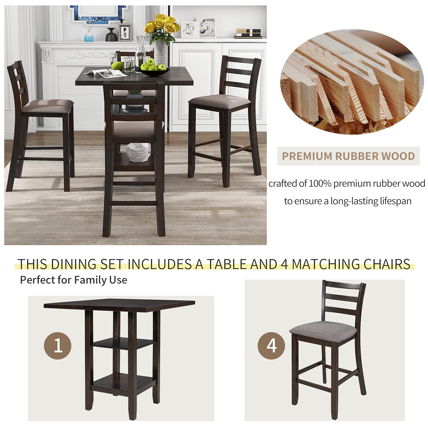 5-Piece Wooden Counter Height Dining Set - 35.5