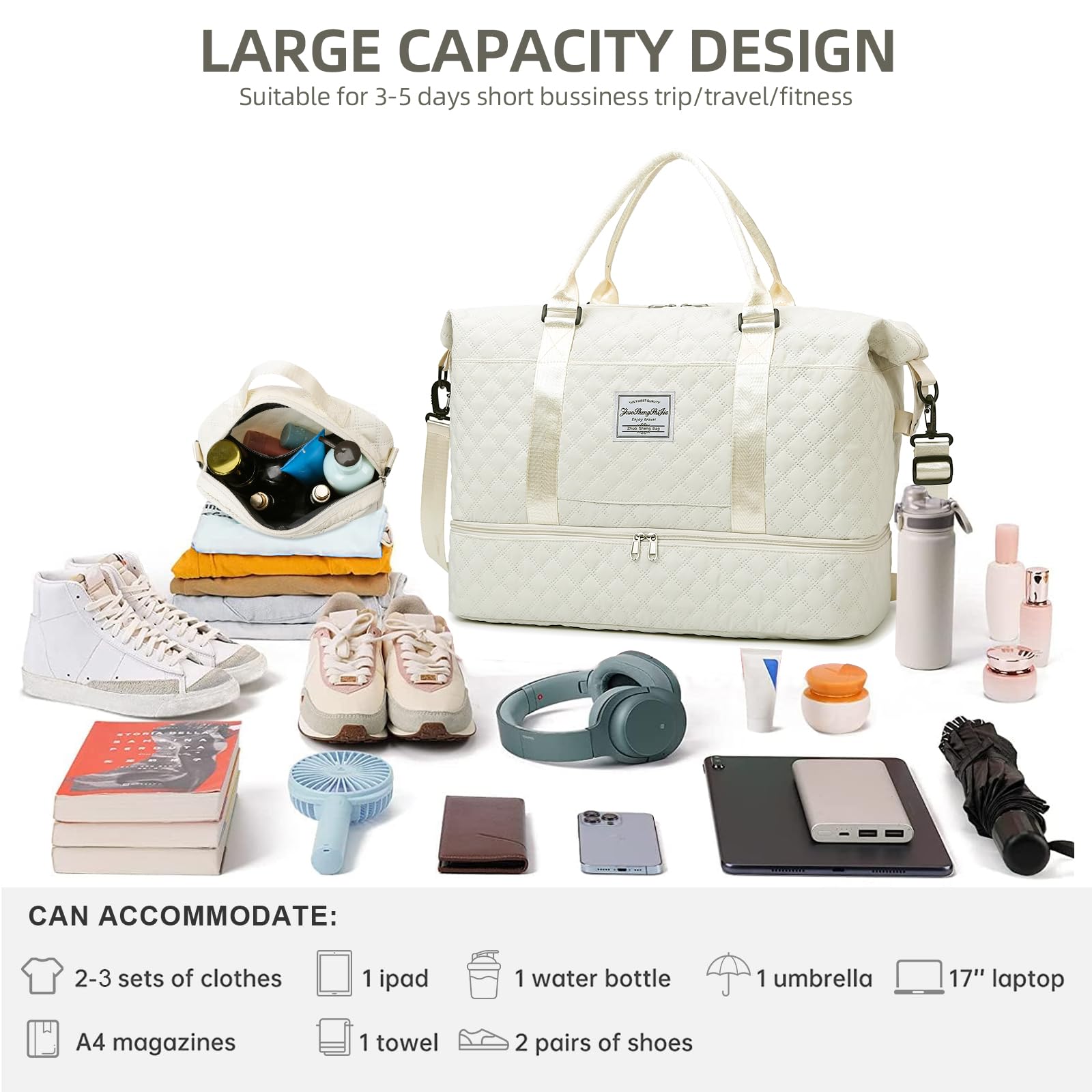 Stylish Weekender Bags for Women - Large Travel Duffle Bag with Separate Shoe Compartment, Overnight Carry-On & Gym Tote with Free Toiletry Pouch | Perfect for Weekend Getaways, Business Trips & Workout Sessions