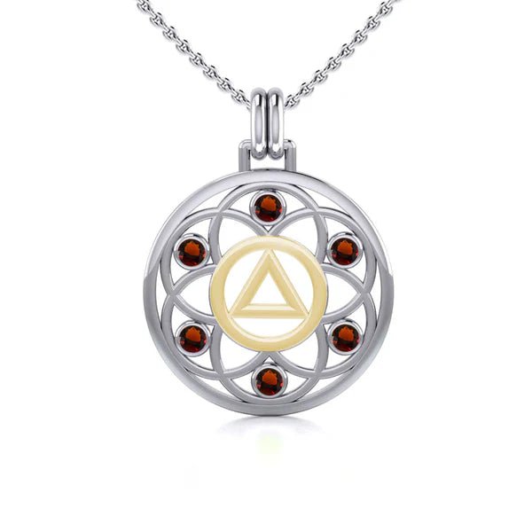 Flower of Life Sterling Silver & 14K Gold Accent Recovery Pendant with AA or NA Symbol & Genuine Gemstone - Spiritual Jewelry for Addiction Recovery & 12-Step Programs