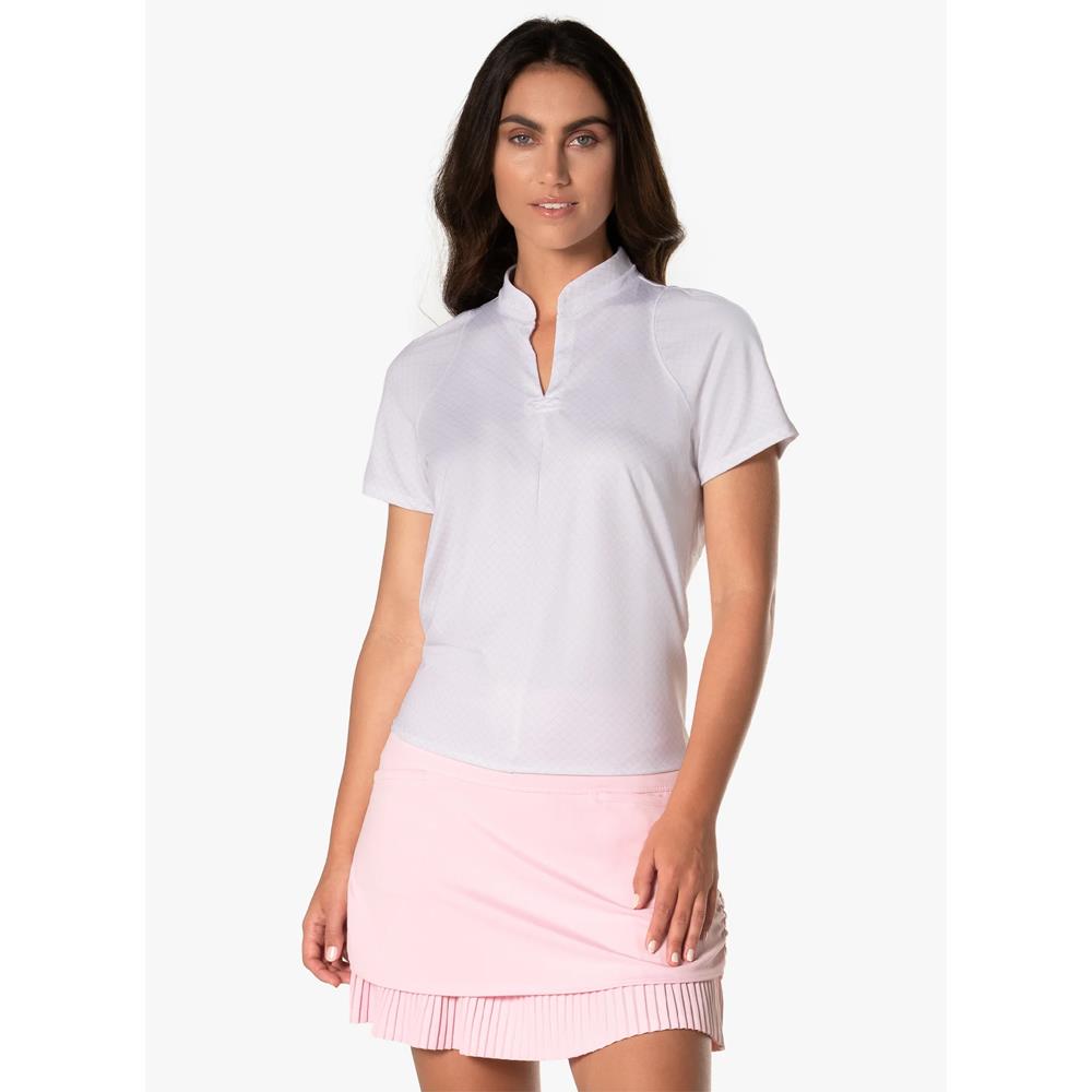 Lucky In Love Women's Deco Grid Tie Back Short Sleeve Top - White & Pink Floral Print Blouse for Summer Outfits & Date Nights