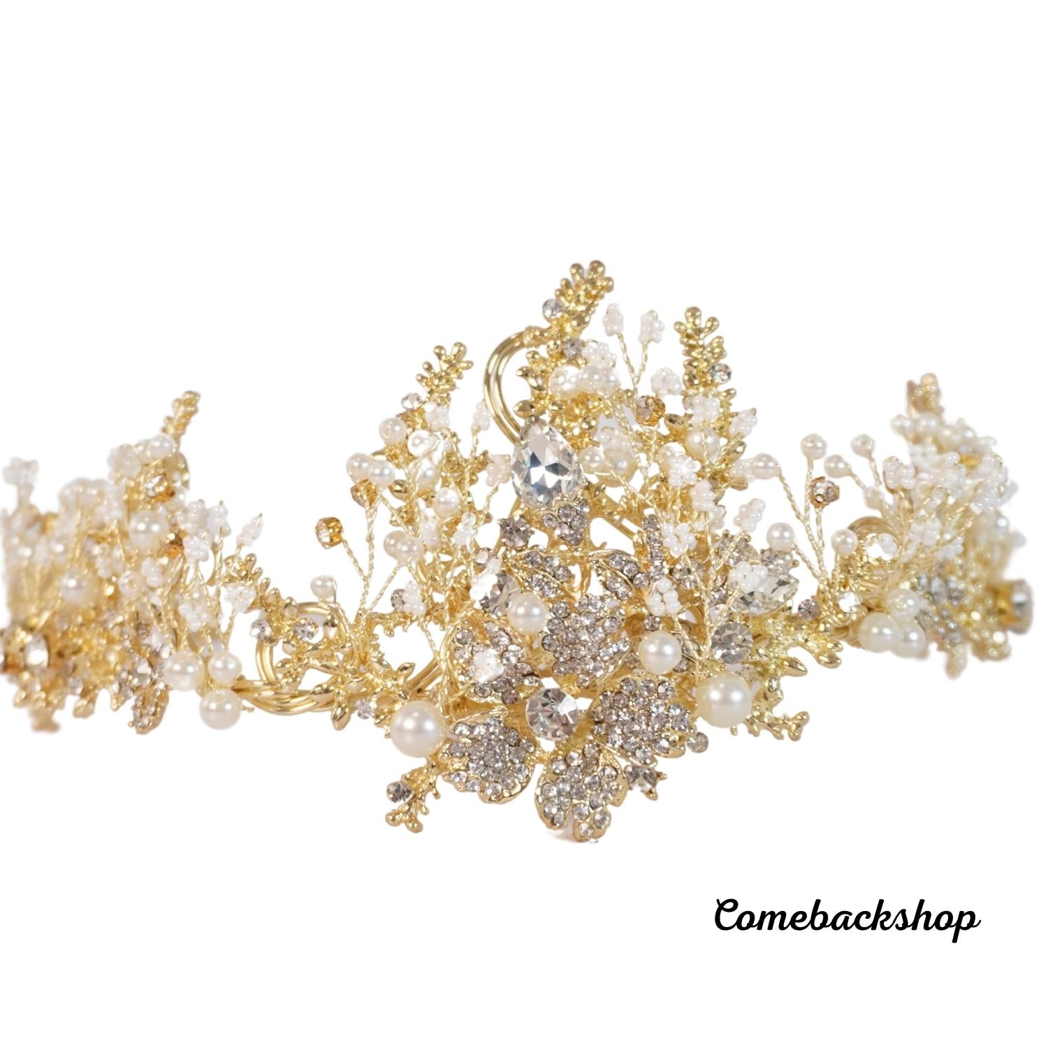 Gold Crystal Pearl Bridal Tiara Crown - Flower Headpiece for Bride, Sweet 16 Party, Wedding, Prom & Special Occasions