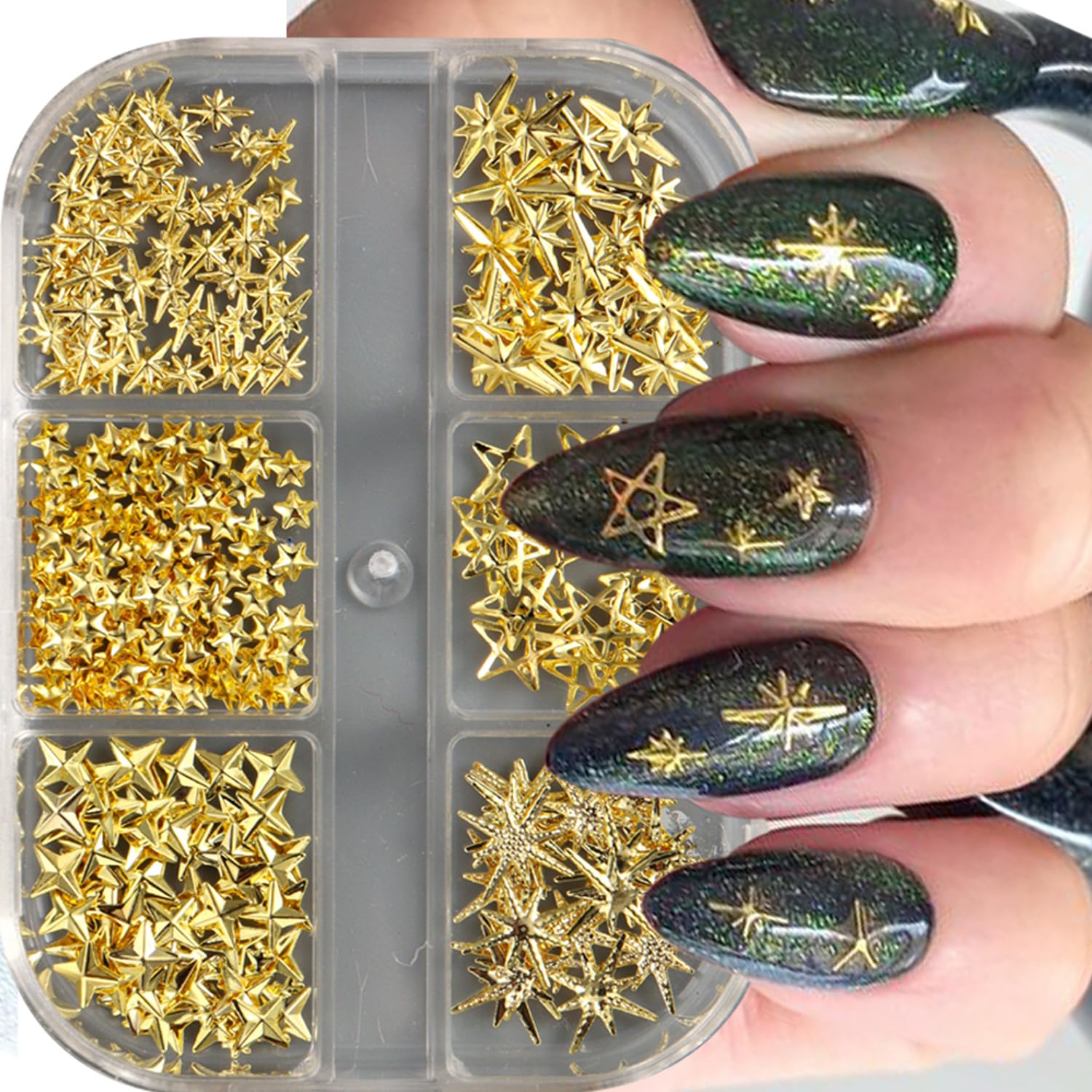 Shiny Gold Star Nail Charms - Mixed Metal Star Nail Art Decorations for Acrylic Nails, DIY Manicure Supplies - Perfect for Women's Nail Art, Party Nails, Salon Decor & Gift Ideas