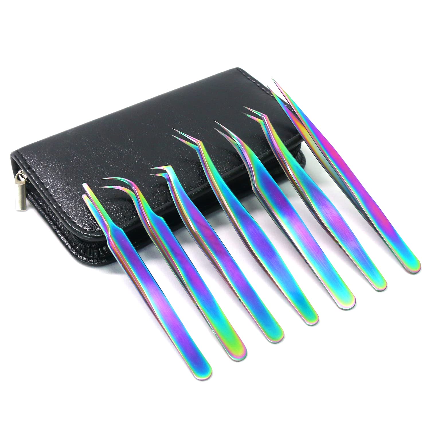 Fangze 7-Piece Eyelash Extension Tweezers Set - Professional Rainbow Stainless Steel Straight & Curved Tweezers for Lash Extensions, Nail Art, Ingrown Hair Removal & DIY Crafts - Perfect for Salon Professionals & Home Use