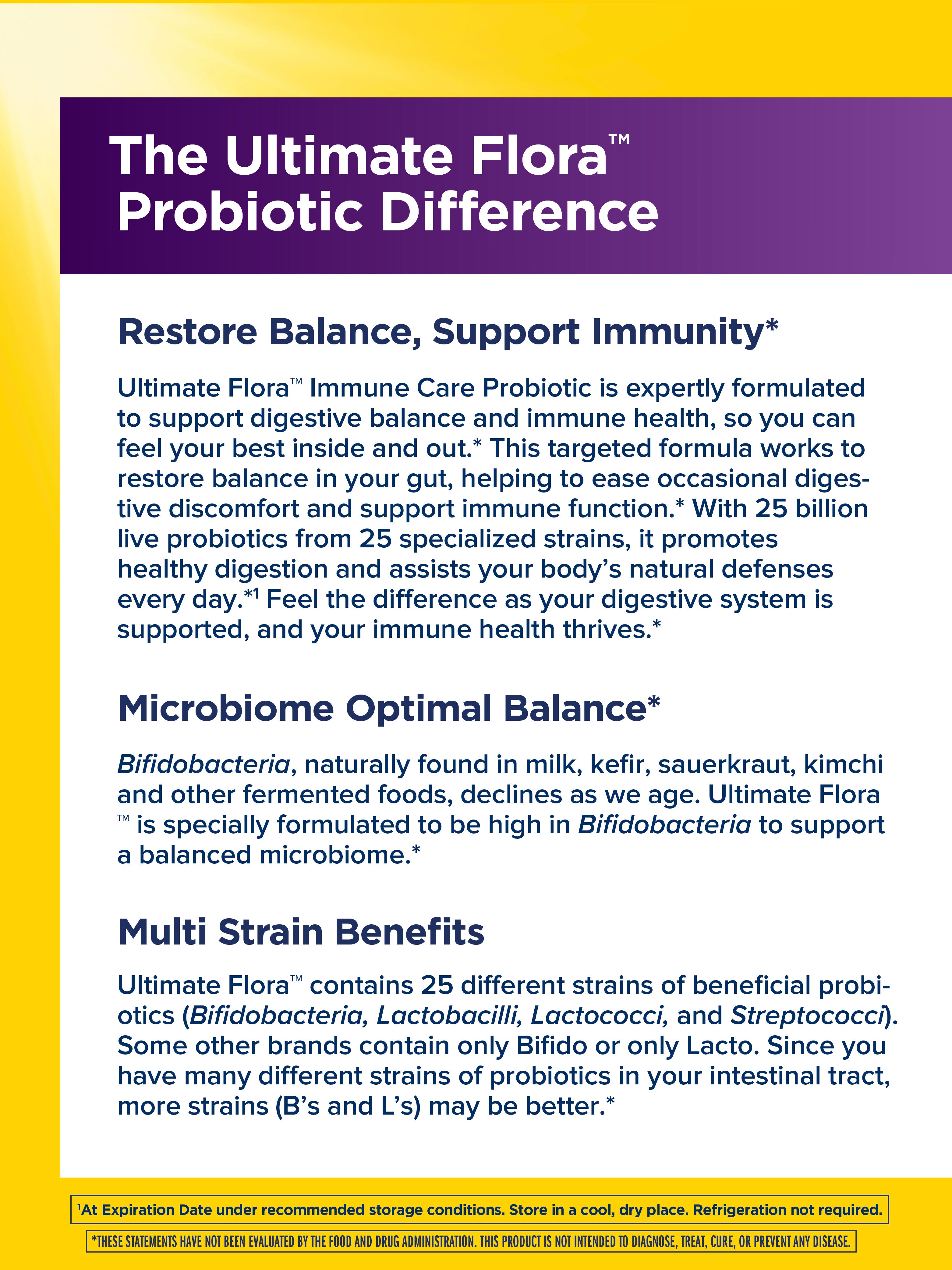 Ultimate Flora Immune Care Probiotic 25 Billion CFU - 30 Vegan Capsules for Digestive & Immune Support | Daily Gut Health Supplement for Adults & Travel
