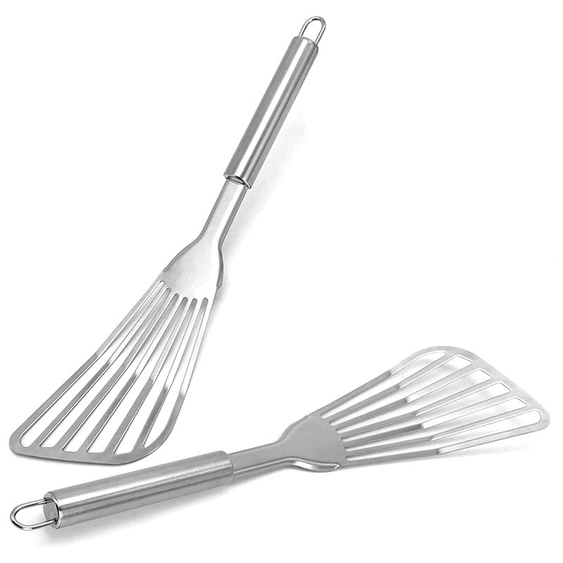 2pcs Stainless Steel Fish Spatula with Wooden Handle - Durable Kitchen Cooking Utensils for Flipping, Serving, and Grilling Fish, Perfect for Home Chefs and Outdoor BBQ