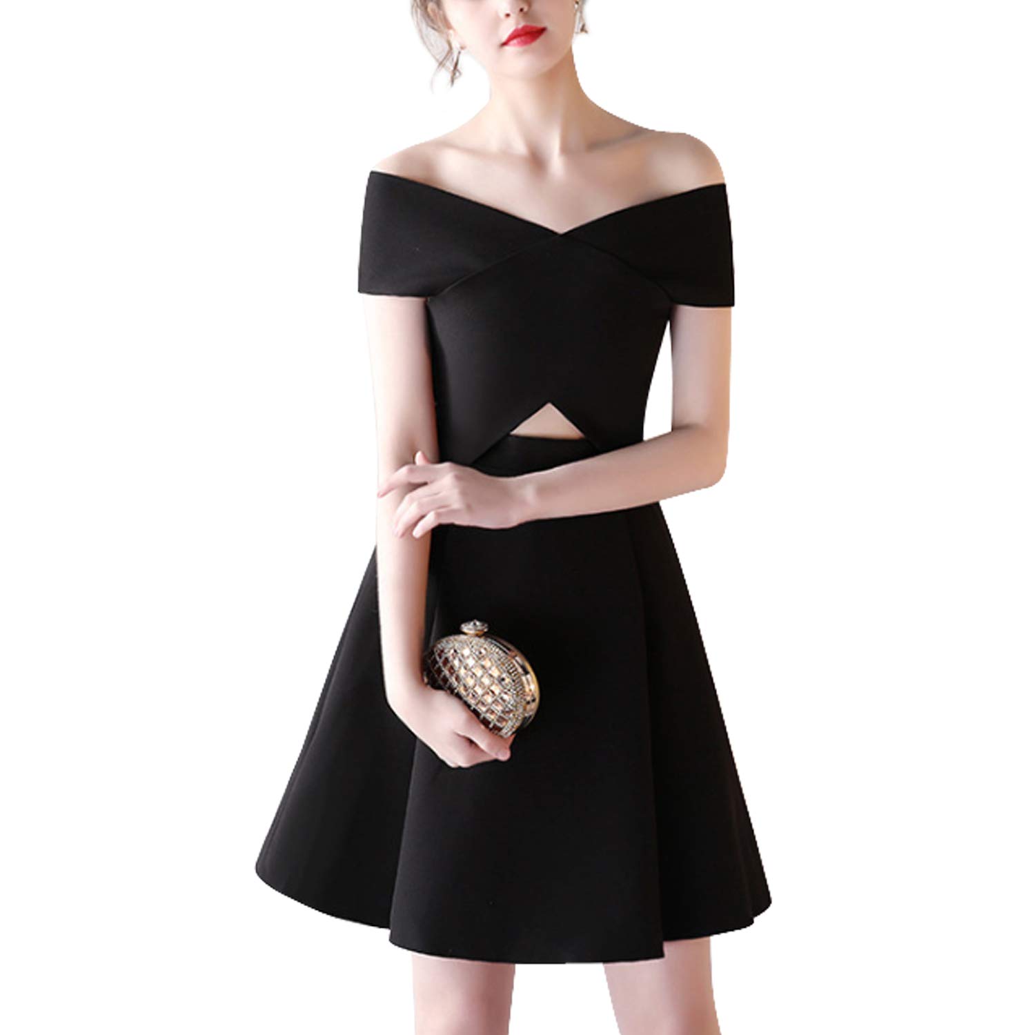 **Inshine Women's Off-Shoulder A-Line Cocktail Party Dress - Black XS | Elegant Wedding Guest & Evening Gown for Special Occasions**