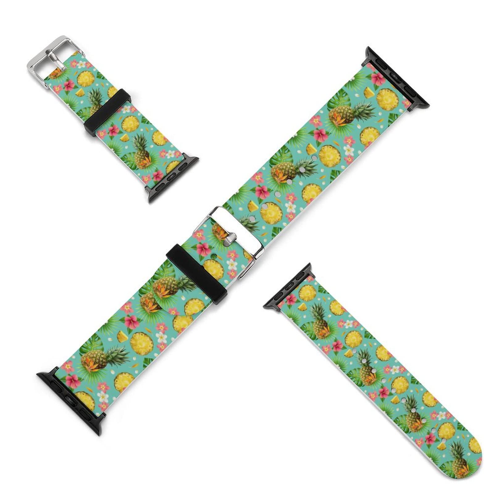 YouTary Tropical Pineapple Floral Apple Watch Band - Soft Silicone Replacement Strap Compatible with iWatch Series 5/4/3/2/1 & SE - Adjustable Wristband for Women & Men - Perfect for Summer, Beach & Casual Wear