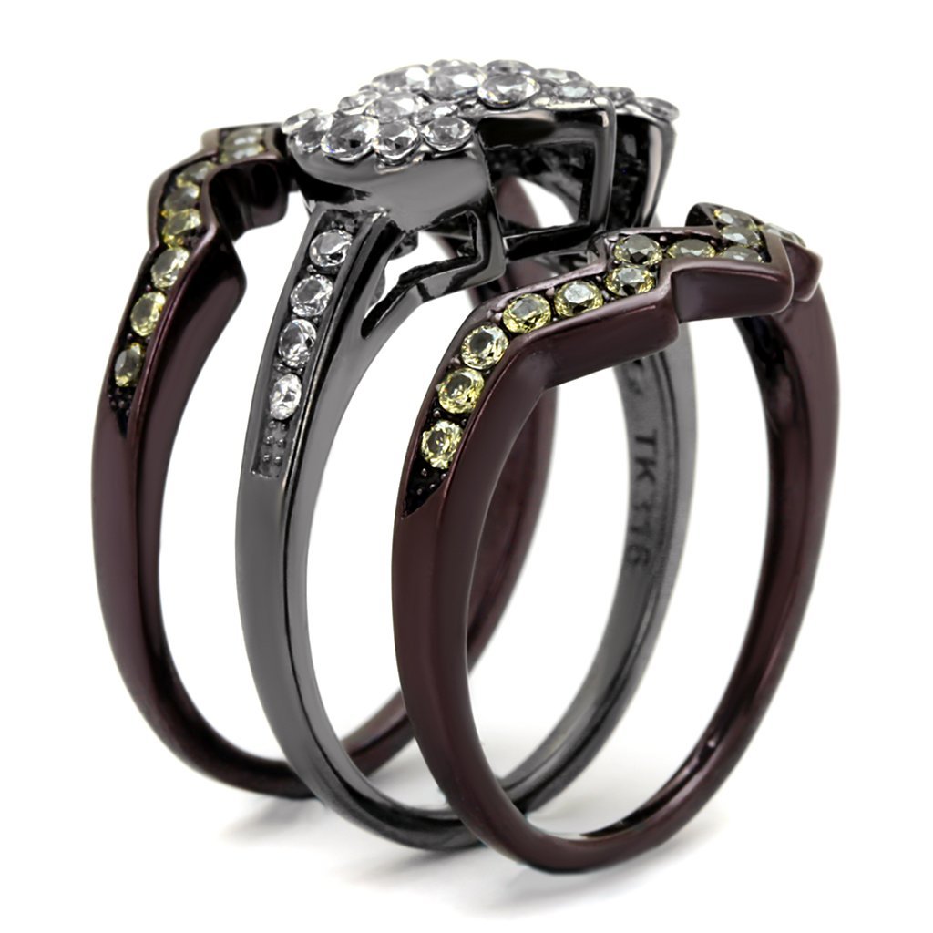 Black & Brown Cubic Zirconia Wedding Ring Set for Women - Elegant Stainless Steel Jewelry for Bridal & Anniversary