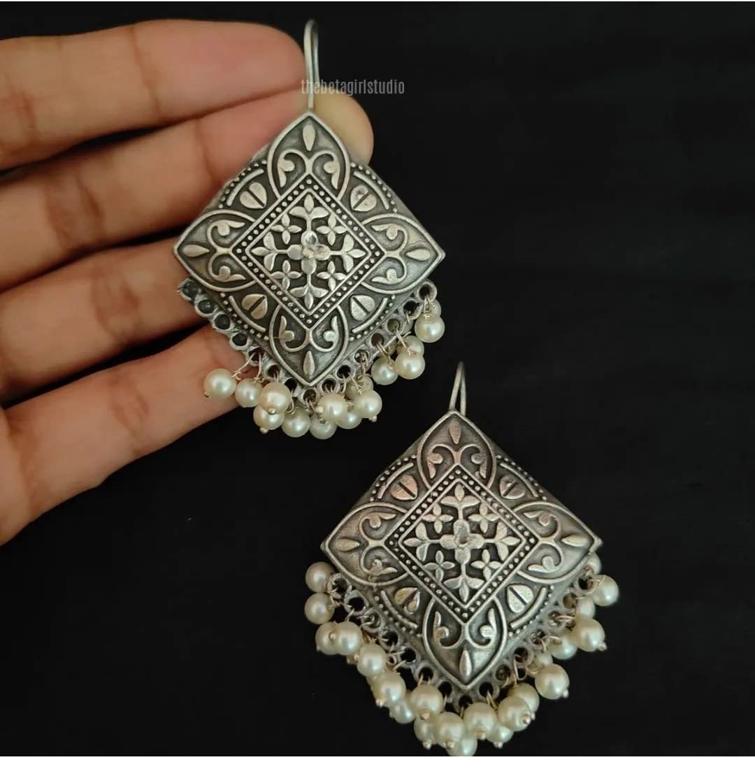 Paninaro Pearl Work Oxidized Afghani Hook Earrings for Women & Girls - Elegant Boho Jewelry for Parties, Weddings & Everyday Wear