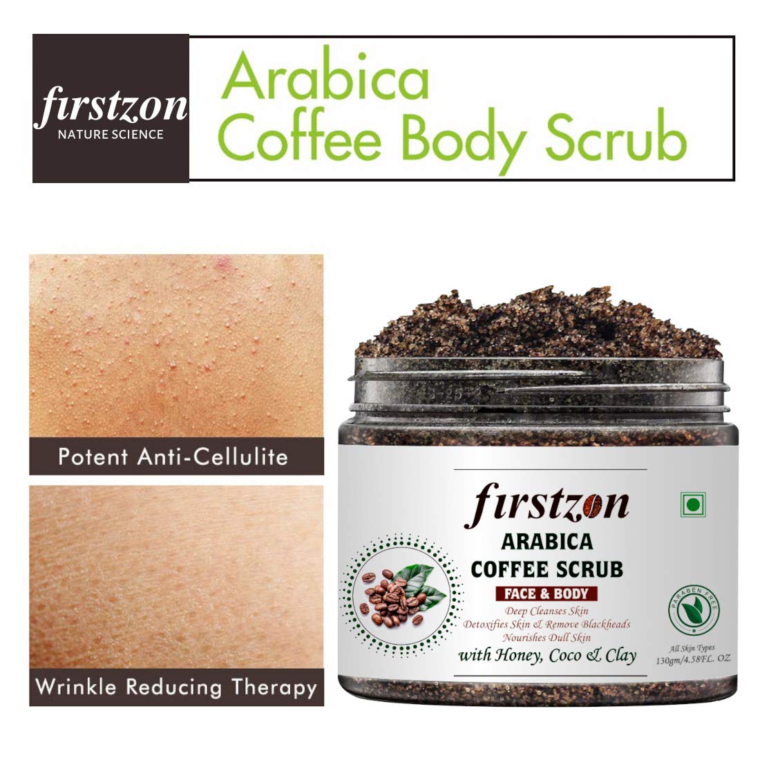 FIRSTZON Arabica Coffee Face & Body Scrub 130g - Exfoliating Scrub with Green Tea, Honey, Cocoa & Clay | Made in India | For Smooth Skin & Detoxification | Perfect for Spa Day & Self-Care Routine